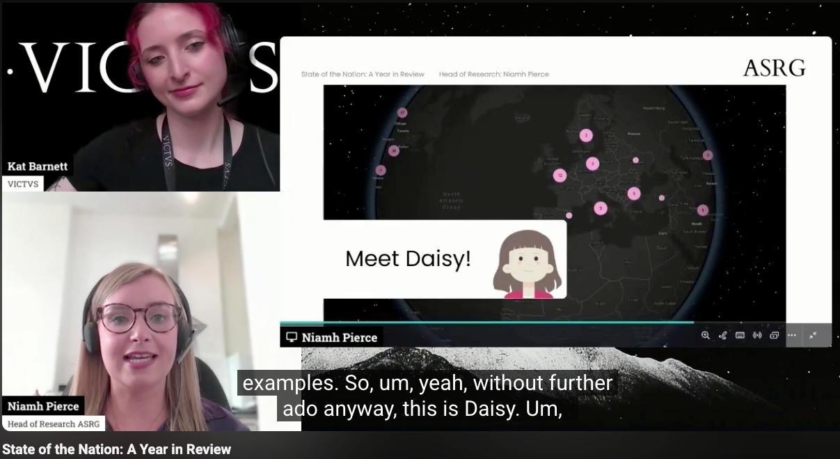 ASRG's “State of the Nation” webinar featuring a “Meet Daisy!” slide with the Daisy character and a global client map.