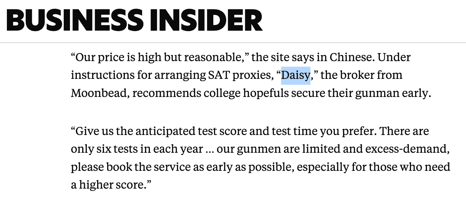Business Insider article excerpt naming “Daisy,” the broker from Moonbead, arranging SAT proxies.