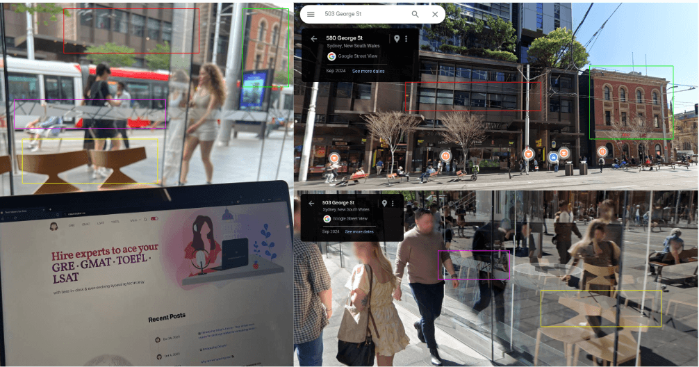 The Octagon's investigation figure geolocating examinator.cc's “business trip” photos to 503/580 George St in Sydney via Google Street View, with the examinator.cc homepage open on a laptop.