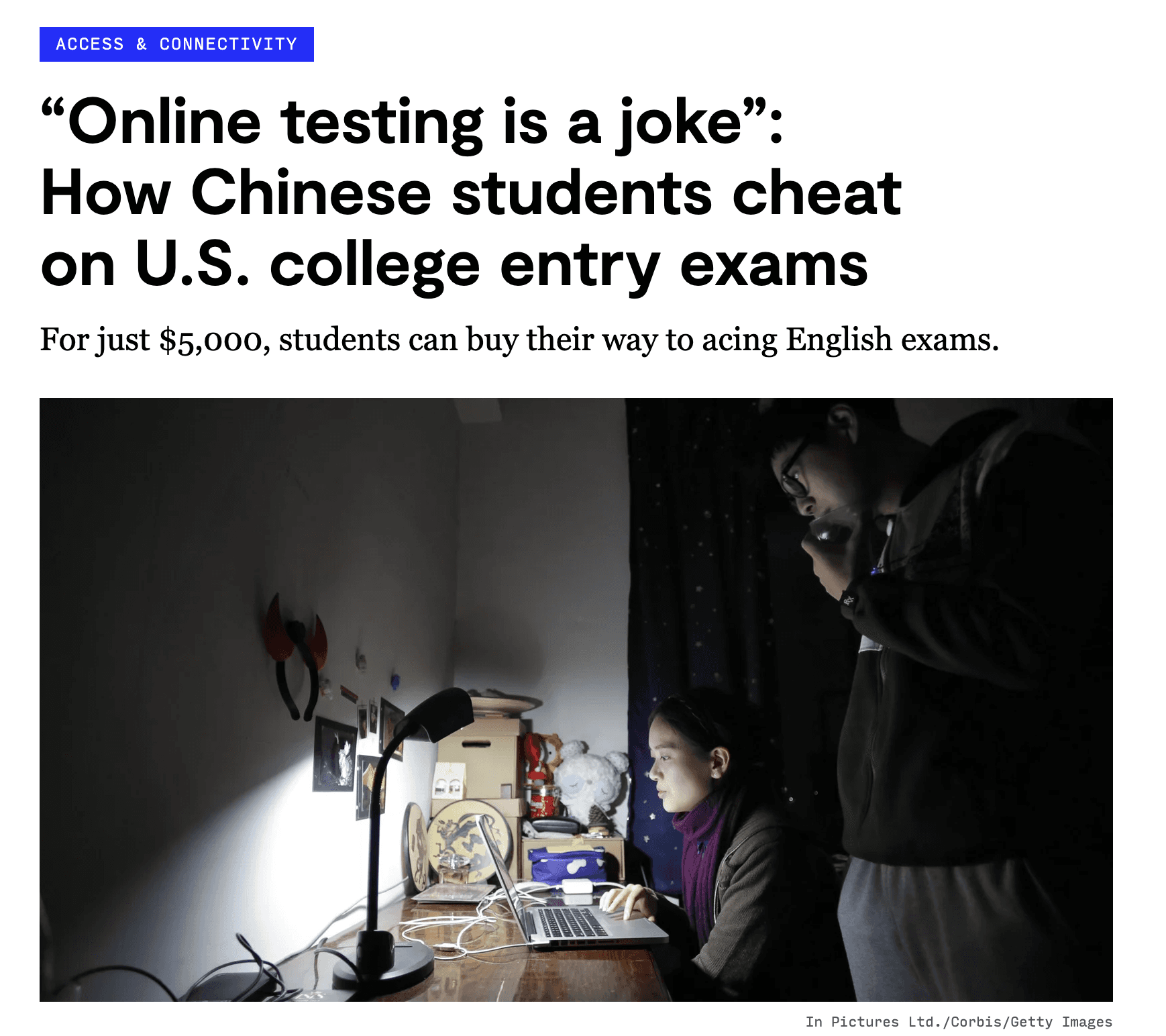 Rest of World article header: “Online testing is a joke”: How Chinese students cheat on U.S. college entry exams.