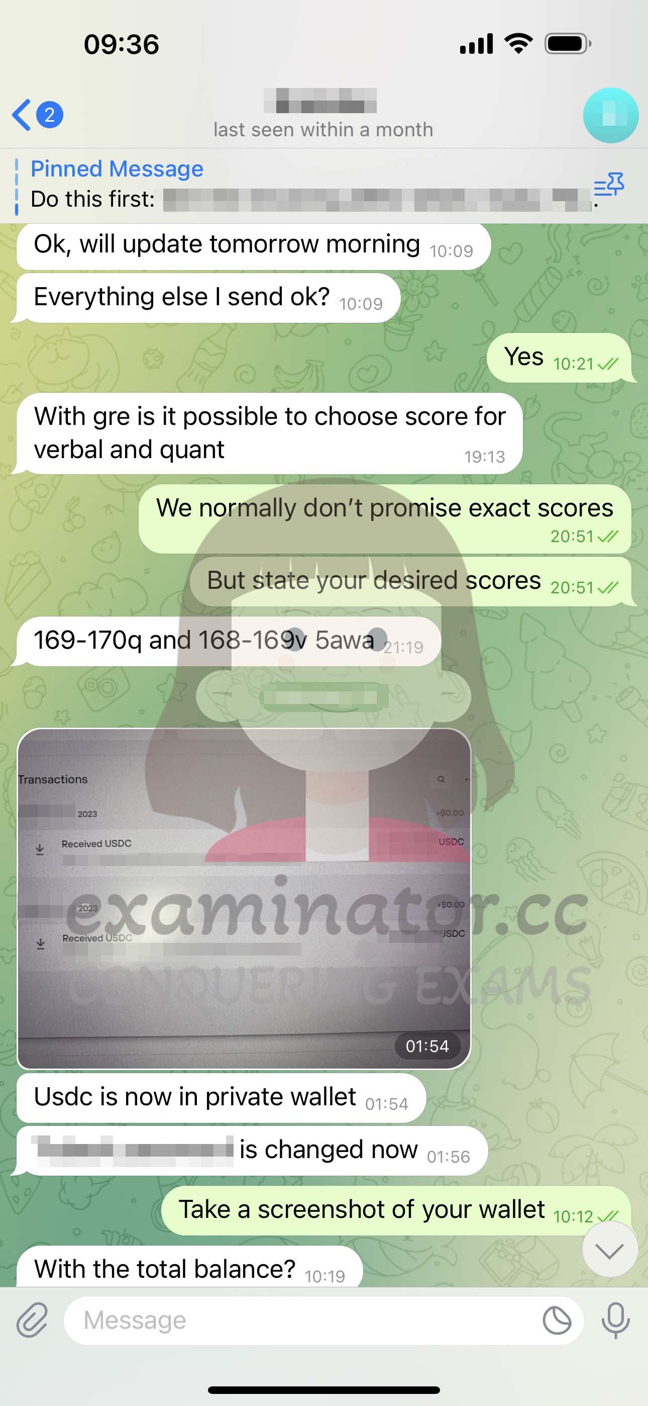 screenshot of chat logs for GRE Cheating success story #586