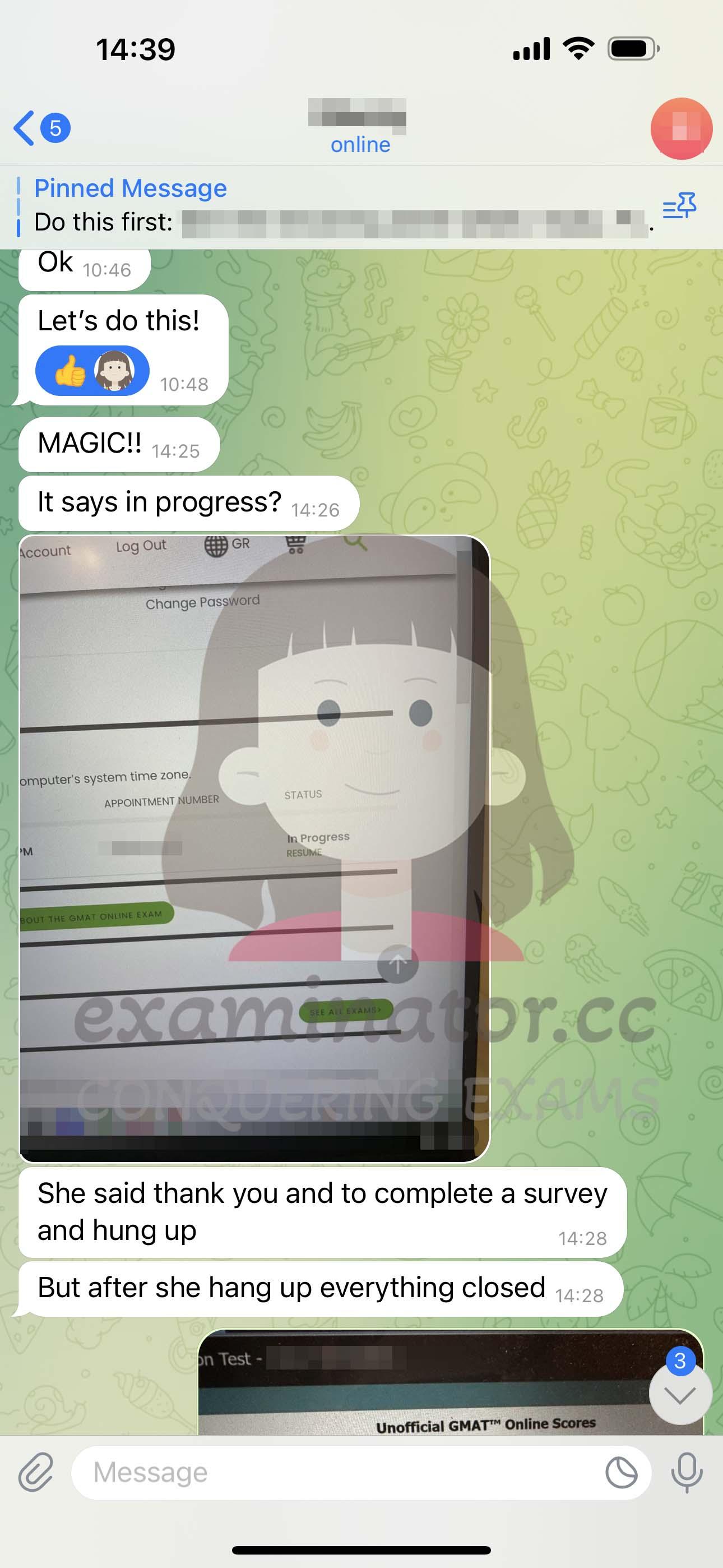 screenshot of chat logs for GMAT Cheating success story #564