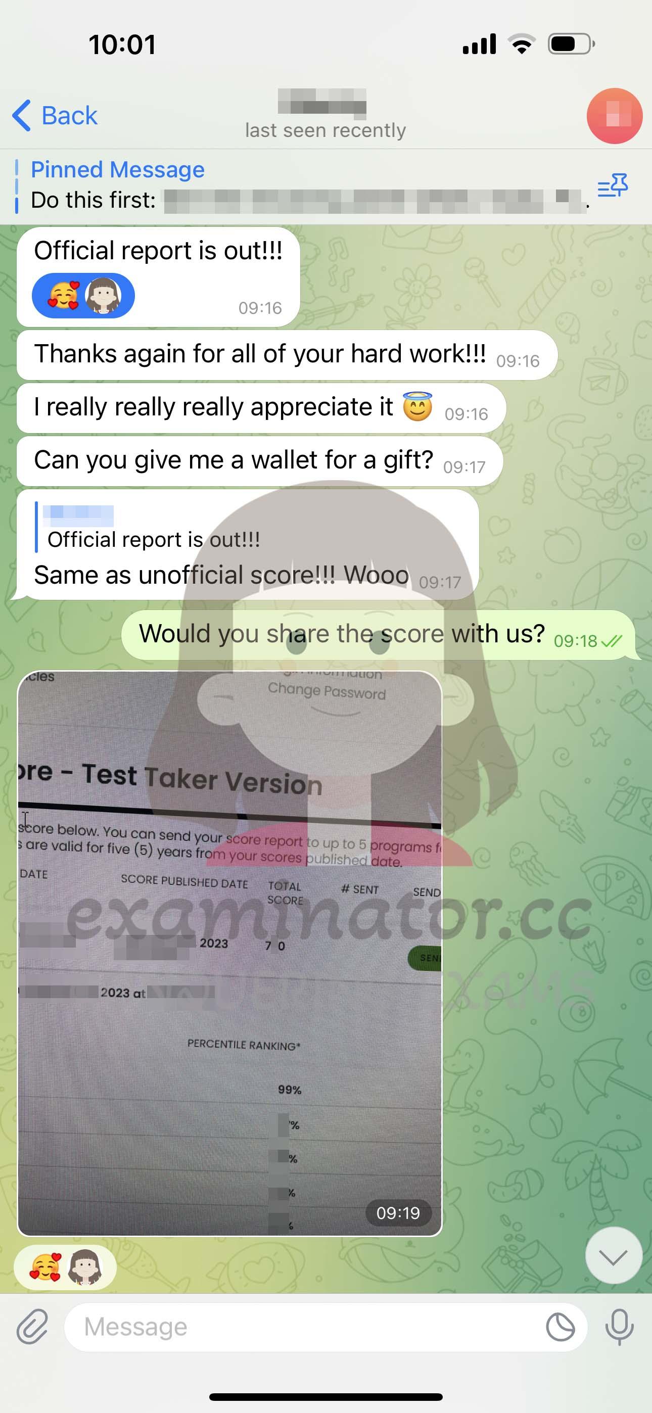 screenshot of chat logs for GMAT Cheating success story #582