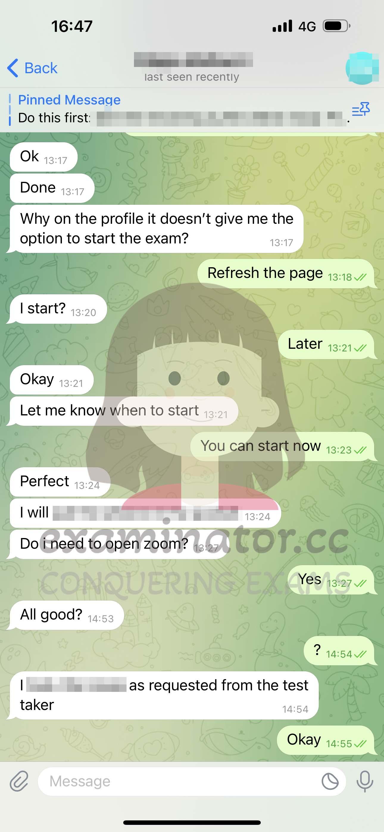 screenshot of chat logs for GMAT Cheating success story #568