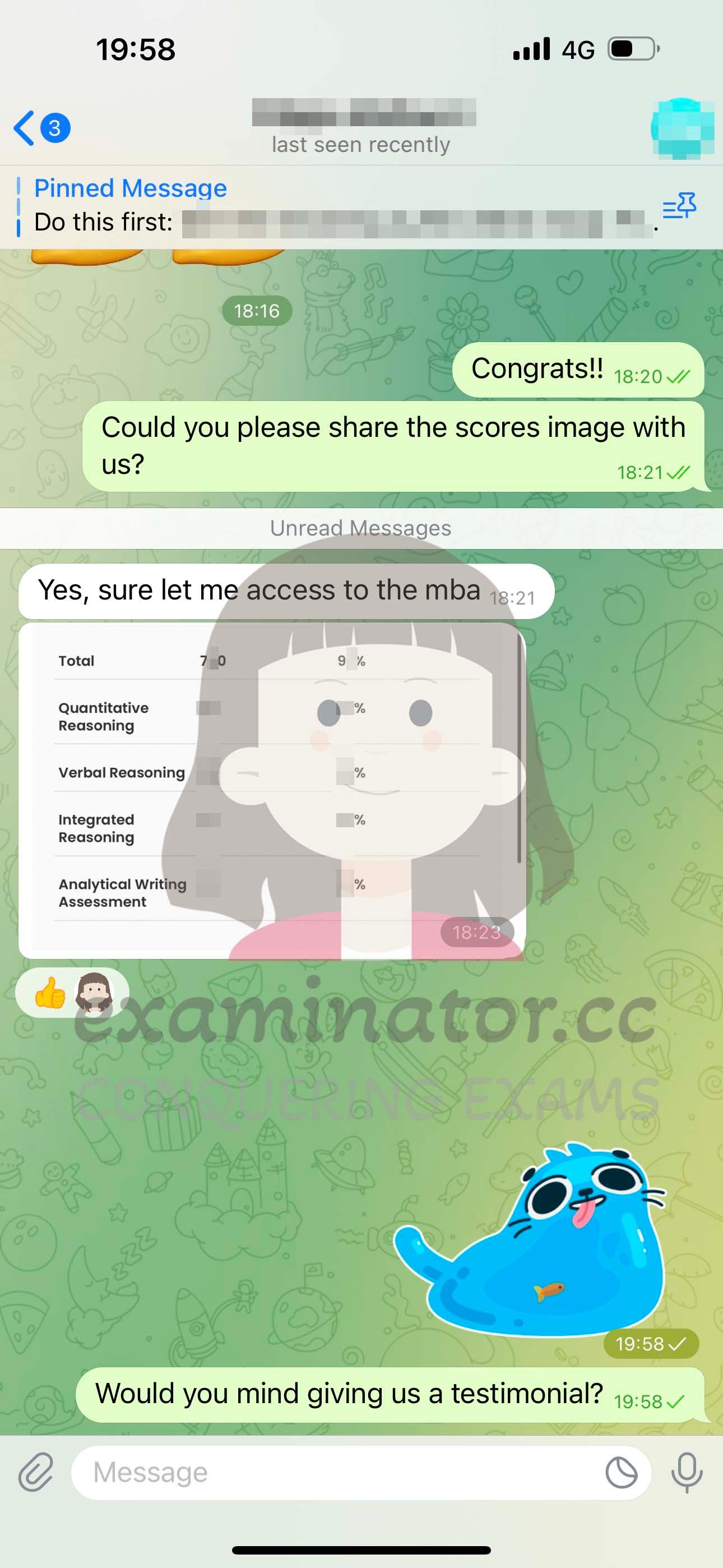 screenshot of chat logs for GMAT Cheating success story #578