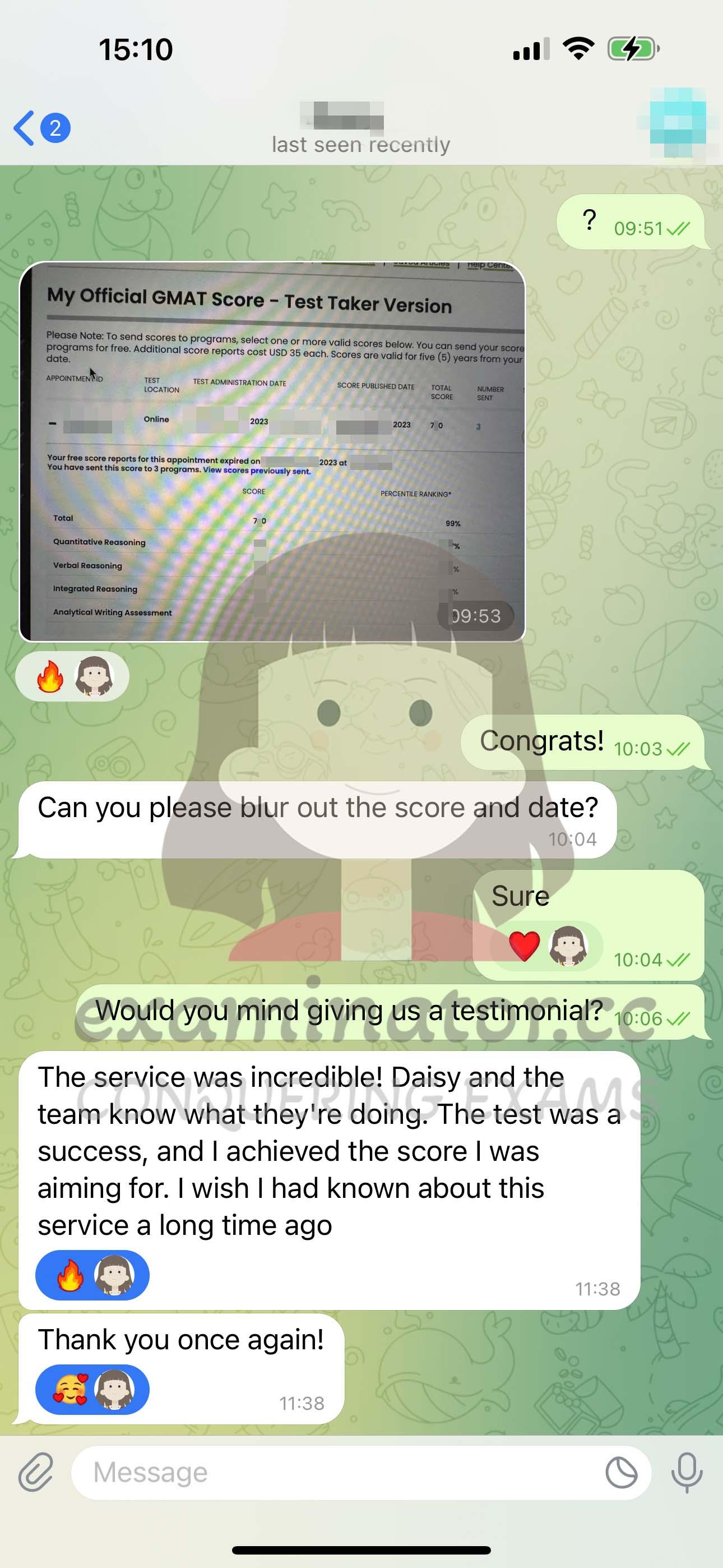 screenshot of chat logs for GMAT Cheating success story #581