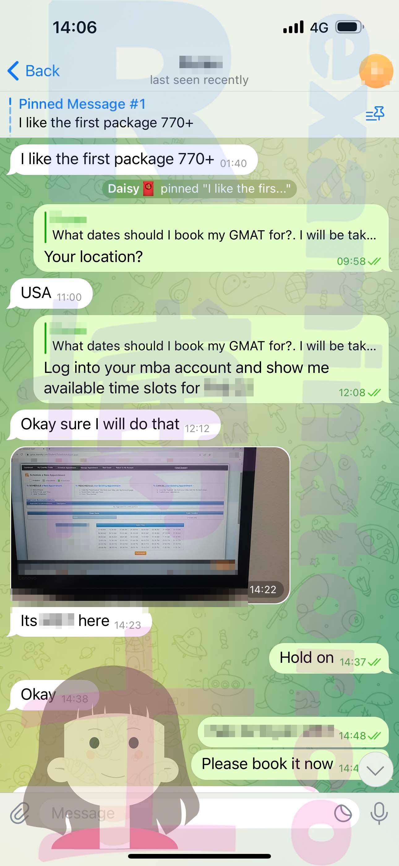 screenshot of chat logs for [GMAT Cheating] success story #344