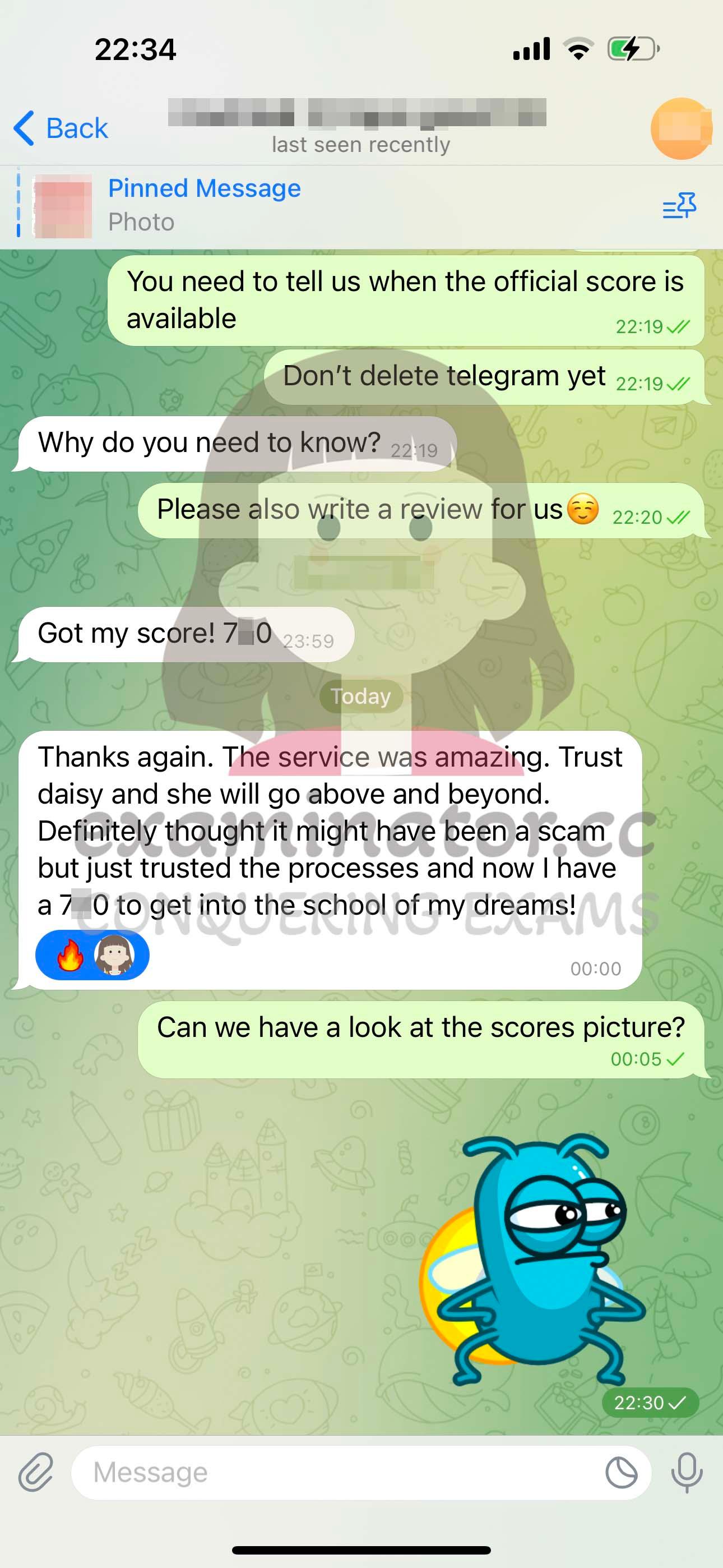 screenshot of chat logs for GMAT Cheating success story #559