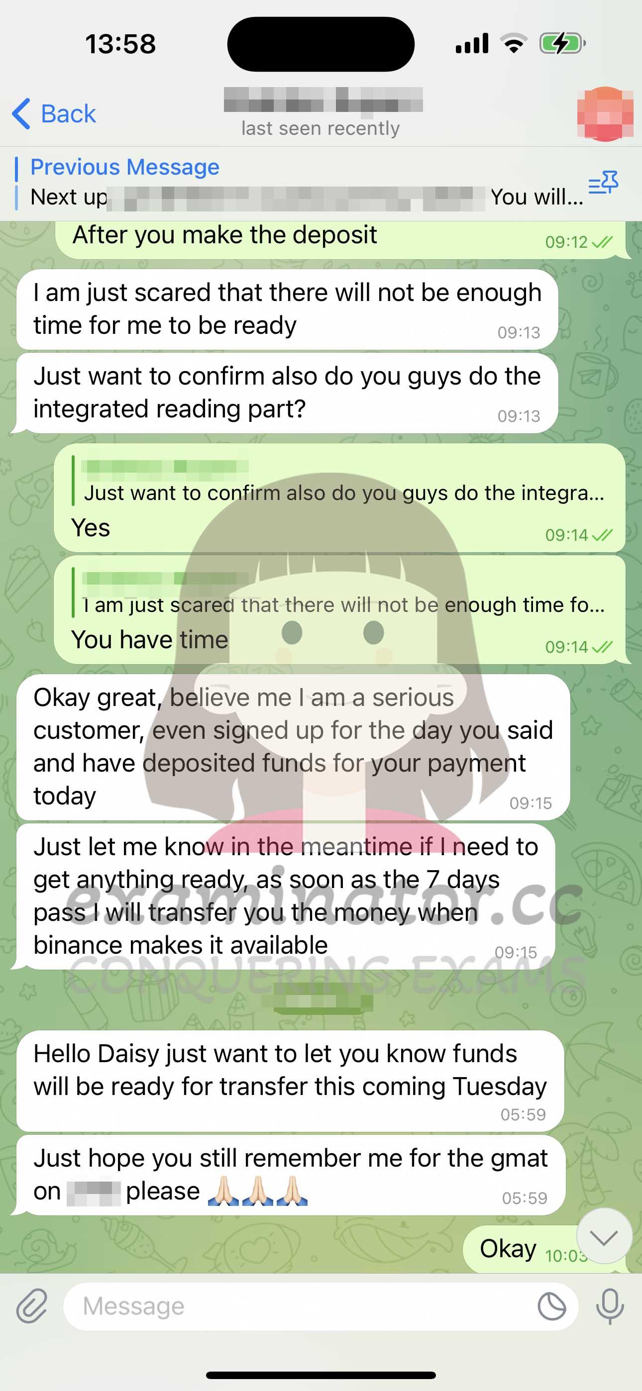screenshot of chat logs for [GMAT Cheating] success story #378
