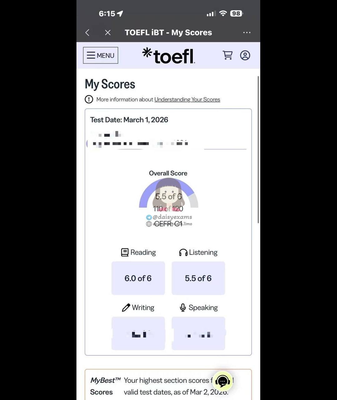 score image for TOEFL Cheating success story #726