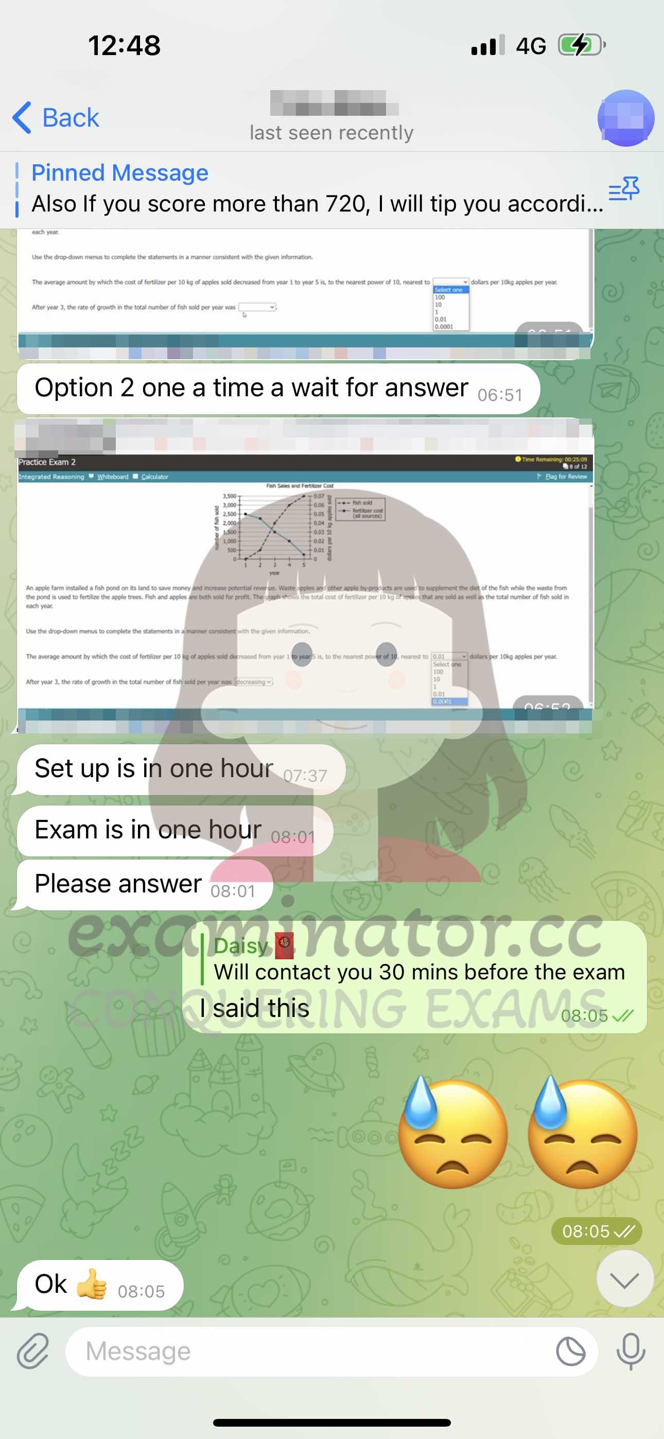 screenshot of chat logs for GMAT Cheating success story #595