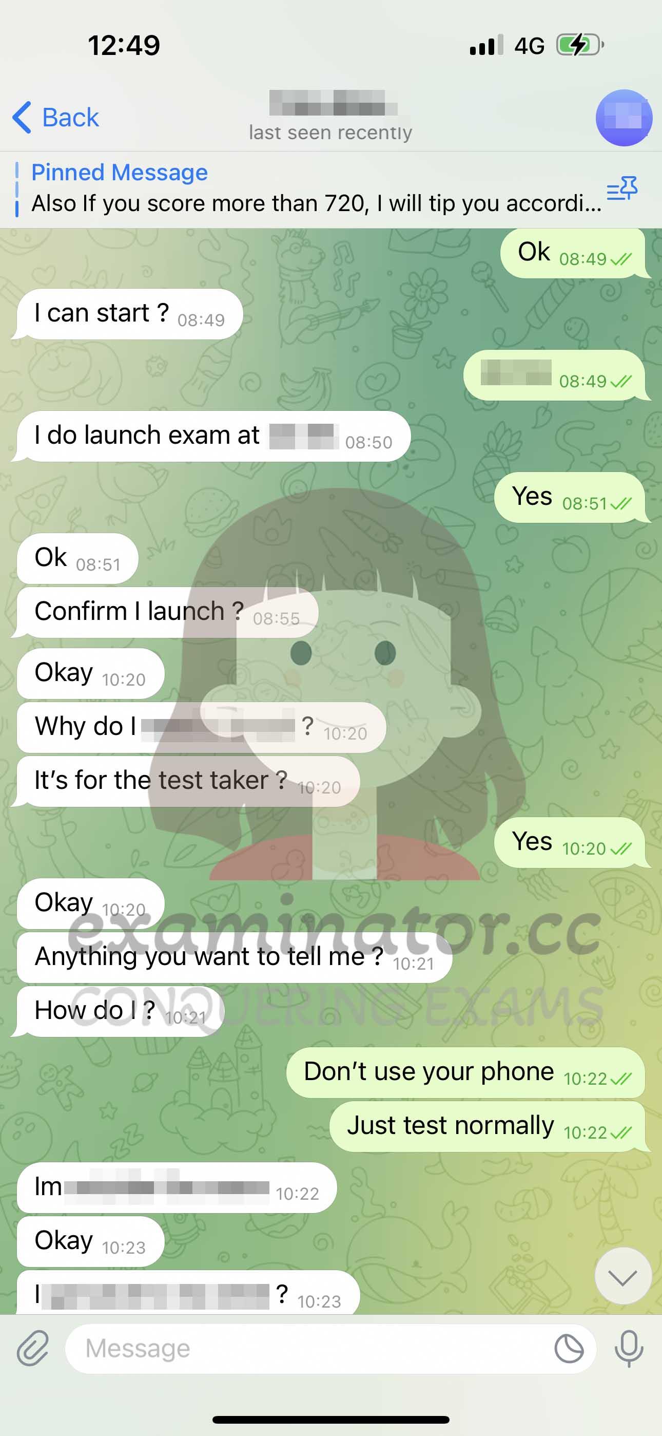 screenshot of chat logs for GMAT Cheating success story #595