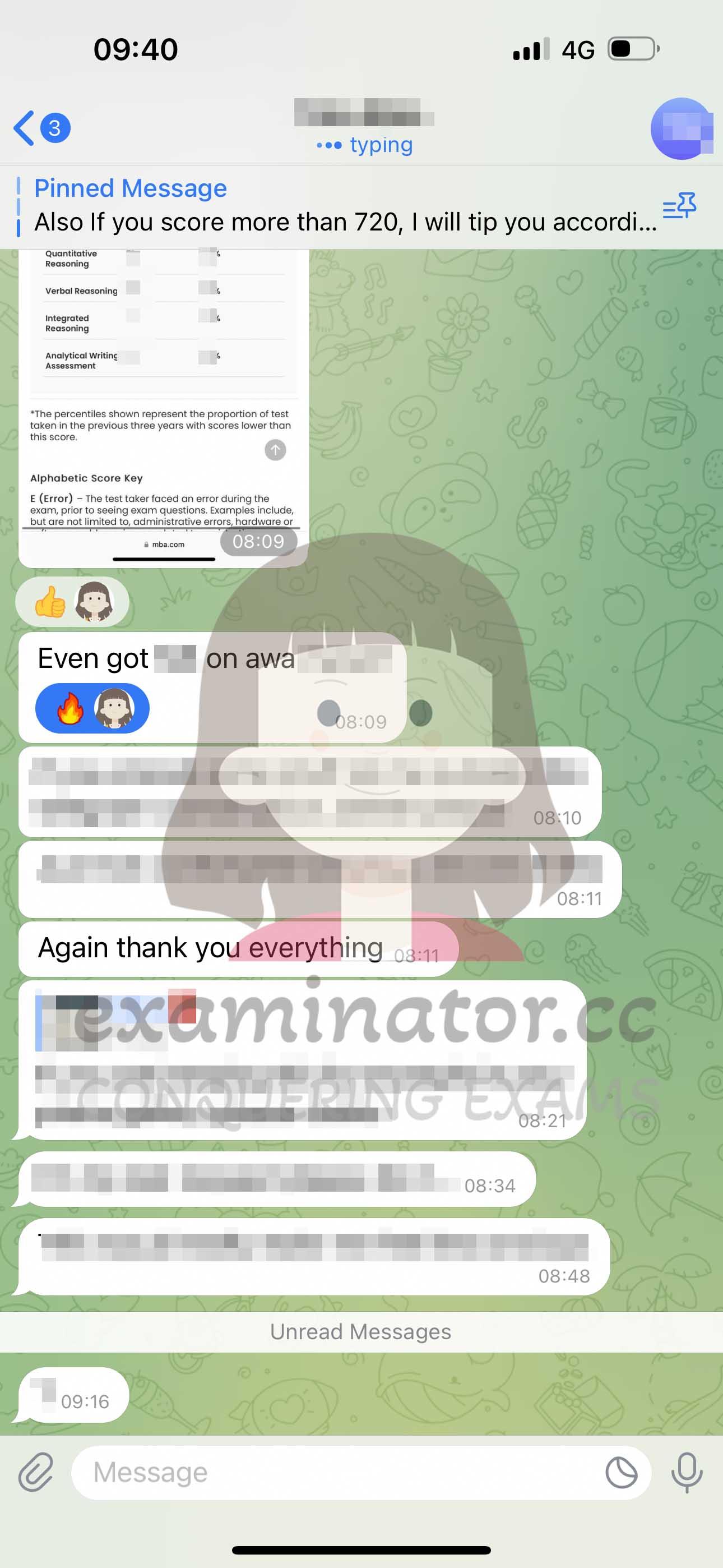 screenshot of chat logs for GMAT Cheating success story #600