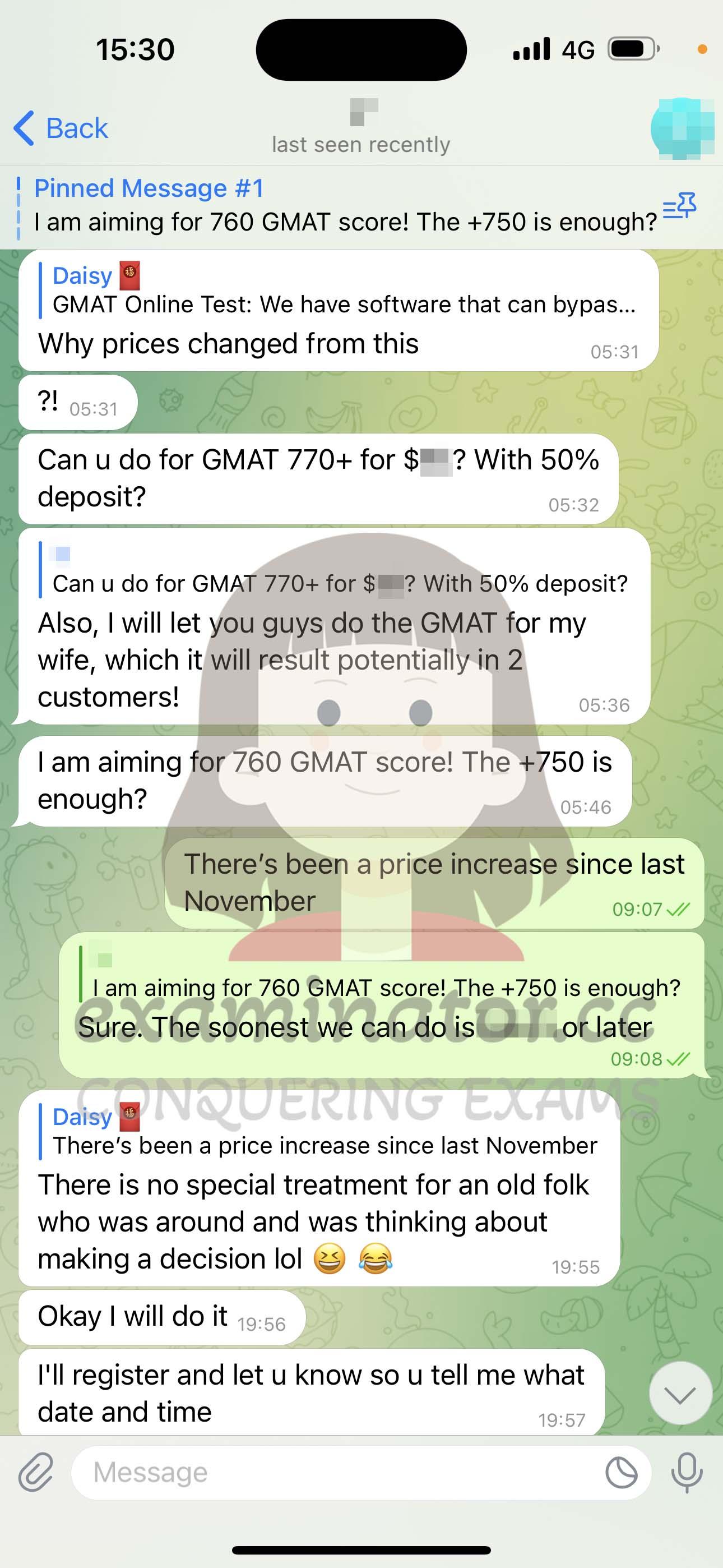 screenshot of chat logs for [GMAT Cheating] success story #350