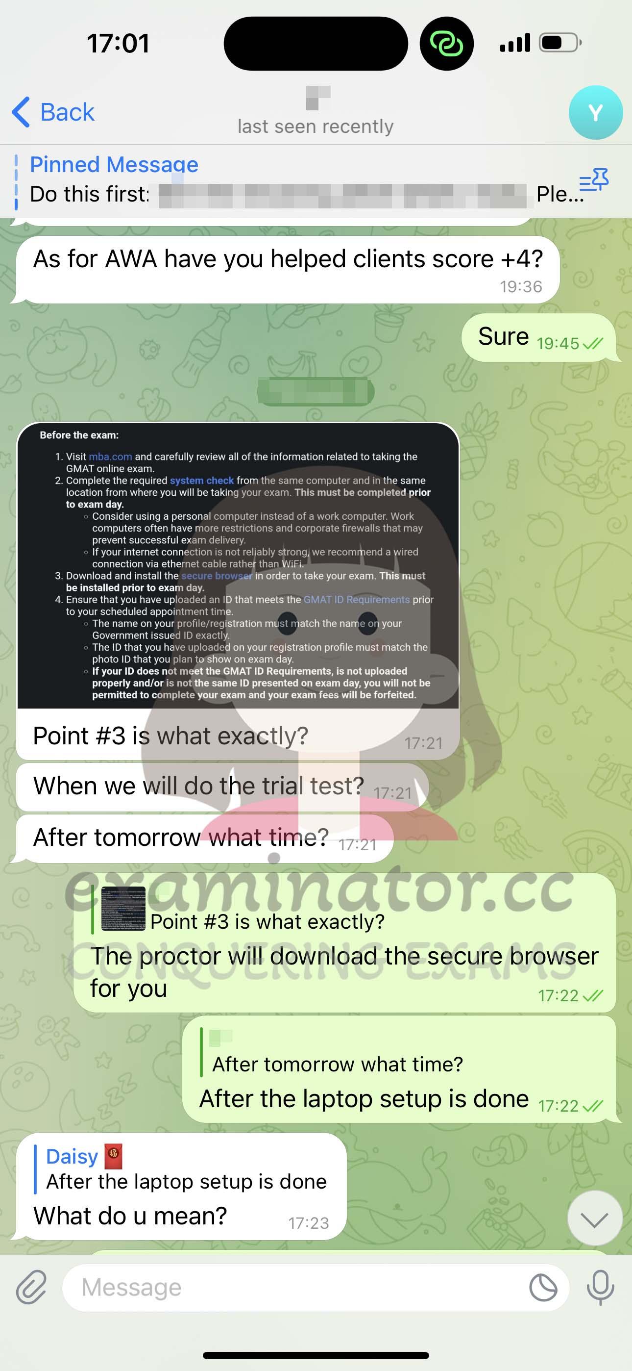 screenshot of chat logs for GMAT Cheating success story #570