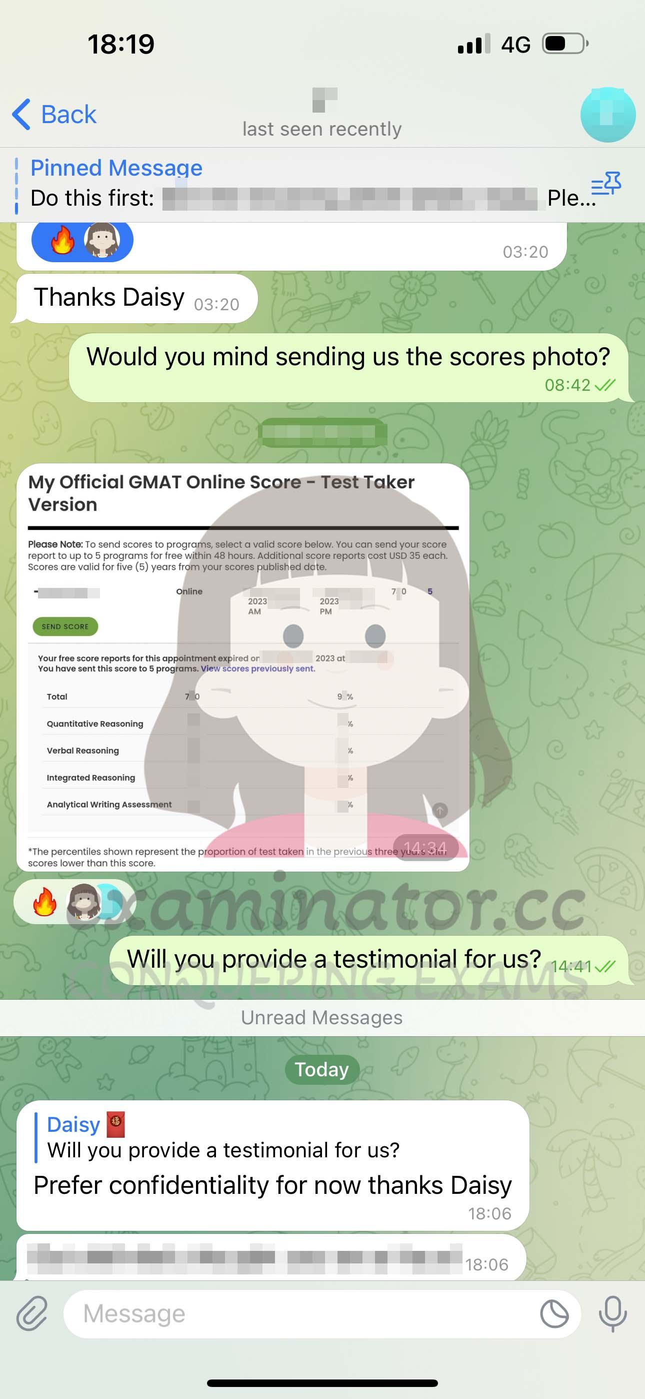 screenshot of chat logs for GMAT Cheating success story #575