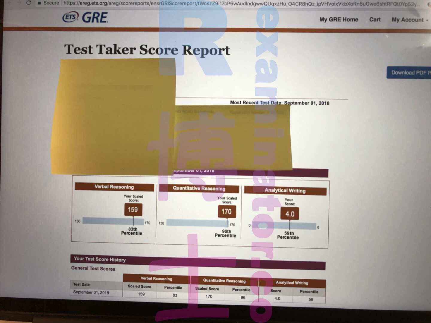 Score image for GRE Cheating success story #27