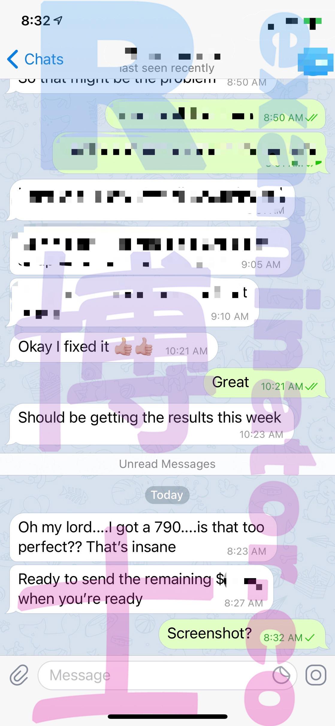 screenshot of chat logs for GMAT Cheating success story #90