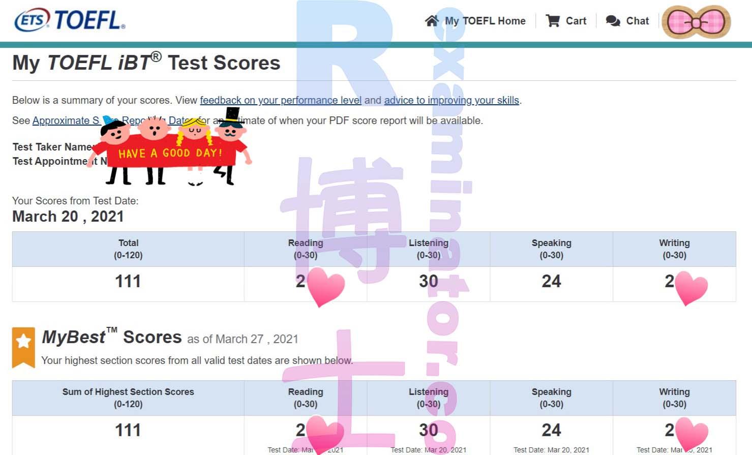 score image for TOEFL Proxy Testing success story #143