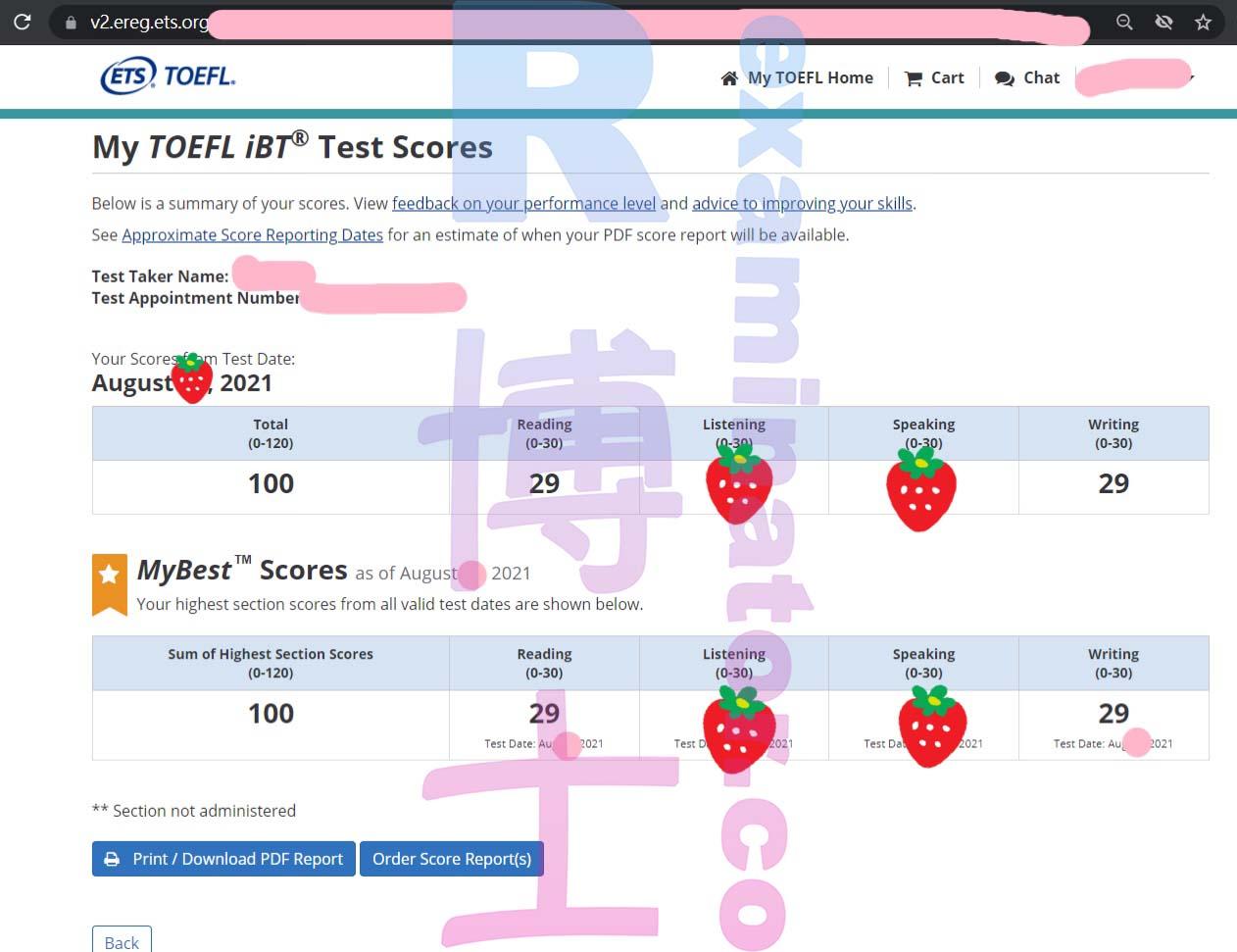 Score image for TOEFL Proxy Testing success story #188