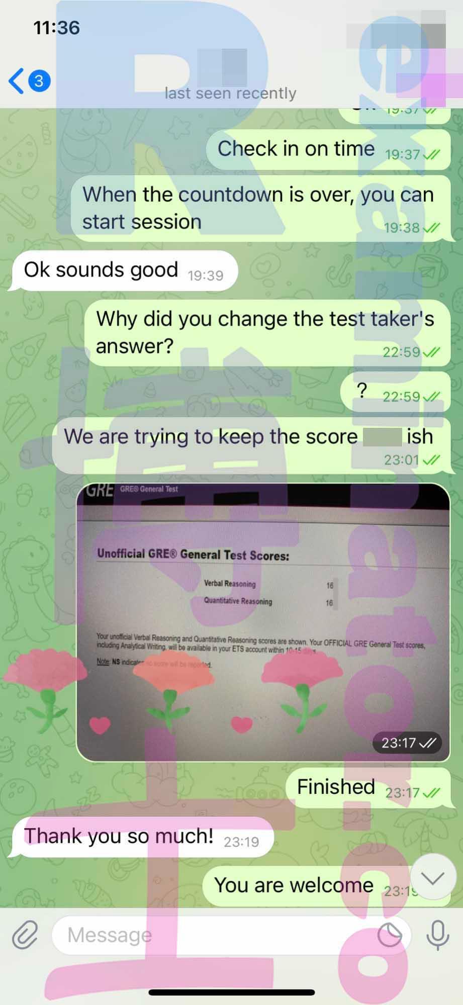 screenshot of chat logs for GRE Cheating success story #307