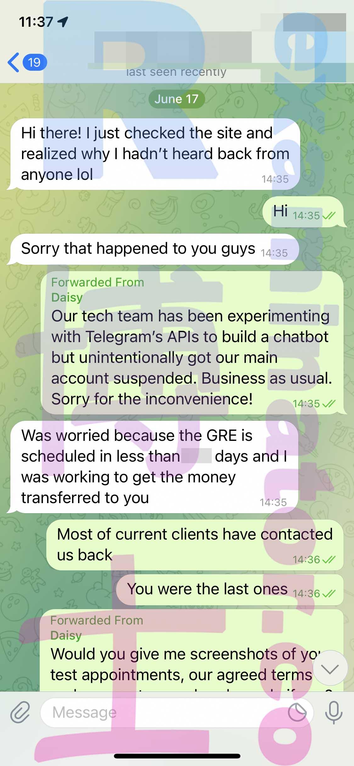 screenshot of chat logs for [GRE Proxy Testing] success story #200