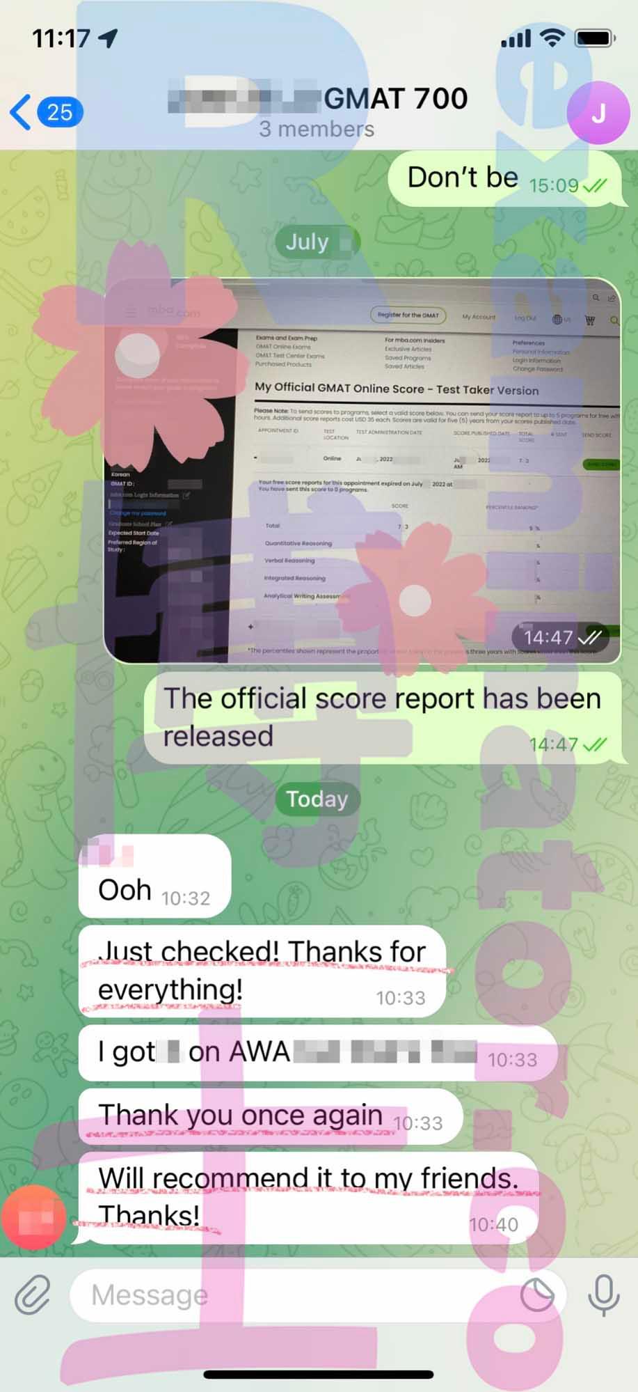 screenshot of chat logs for GMAT Proxy Testing success story #343