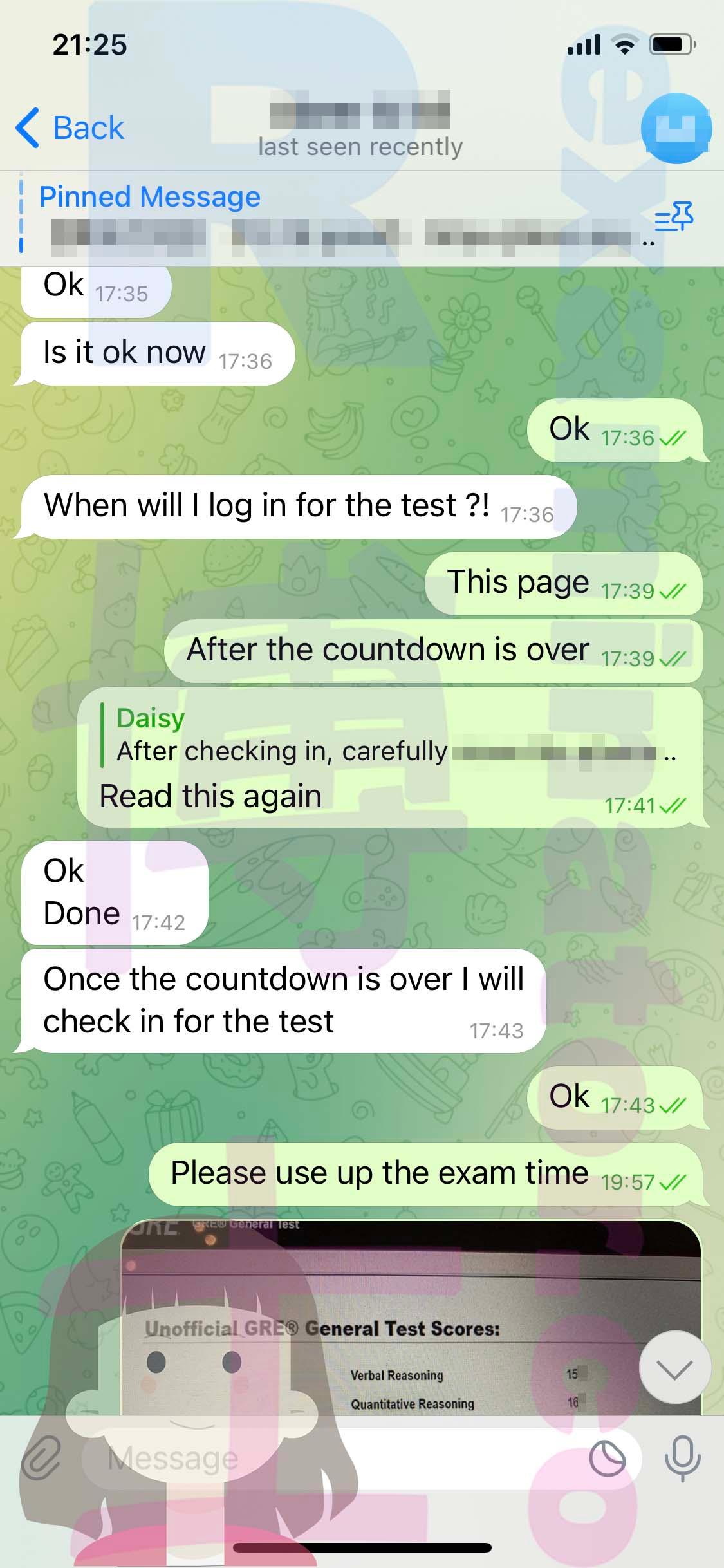 screenshot of chat logs for GRE Cheating success story #541