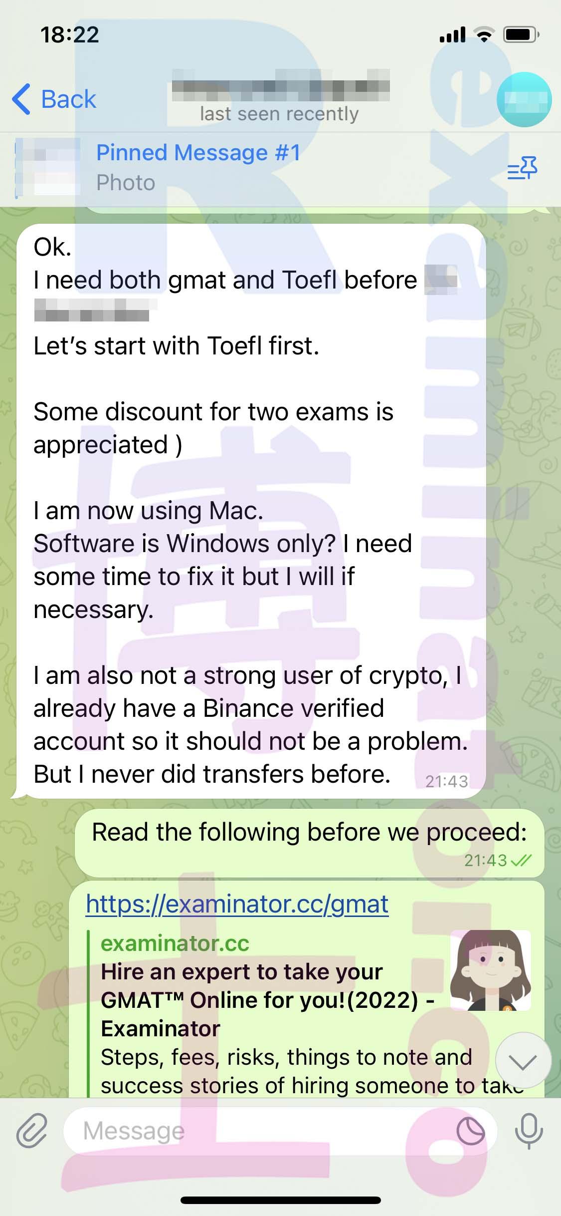 screenshot of chat logs for [TOEFL Cheating] success story #301