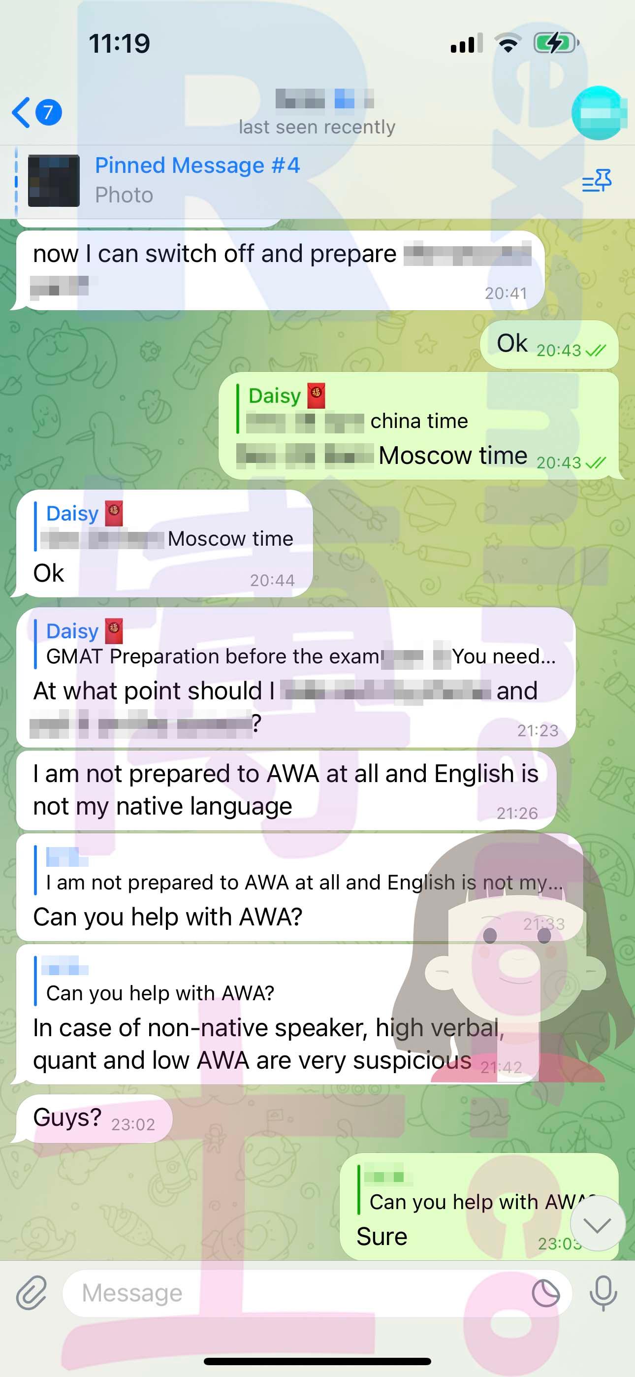 screenshot of chat logs for GMAT Cheating success story #543