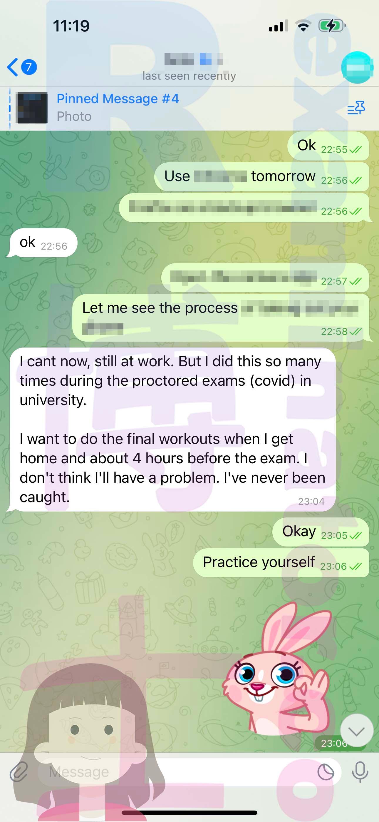 screenshot of chat logs for GMAT Cheating success story #543