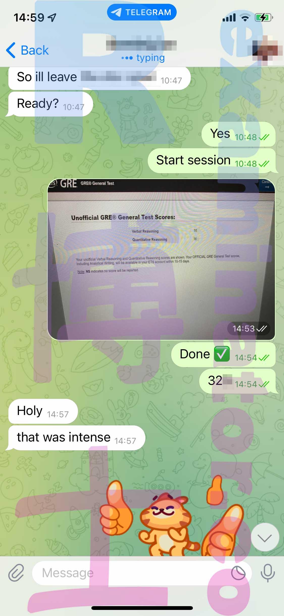 screenshot of chat logs for GRE Cheating success story #409