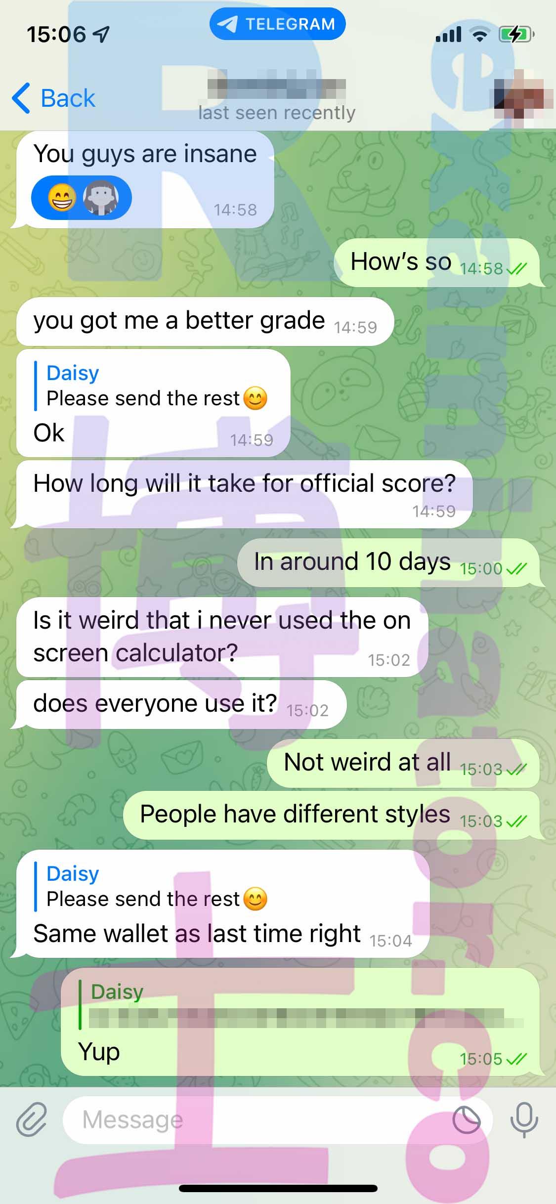 screenshot of chat logs for GRE Cheating success story #409