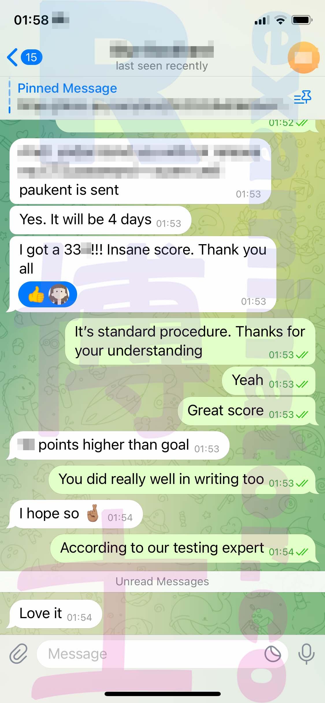 screenshot of chat logs for GRE Cheating success story #497