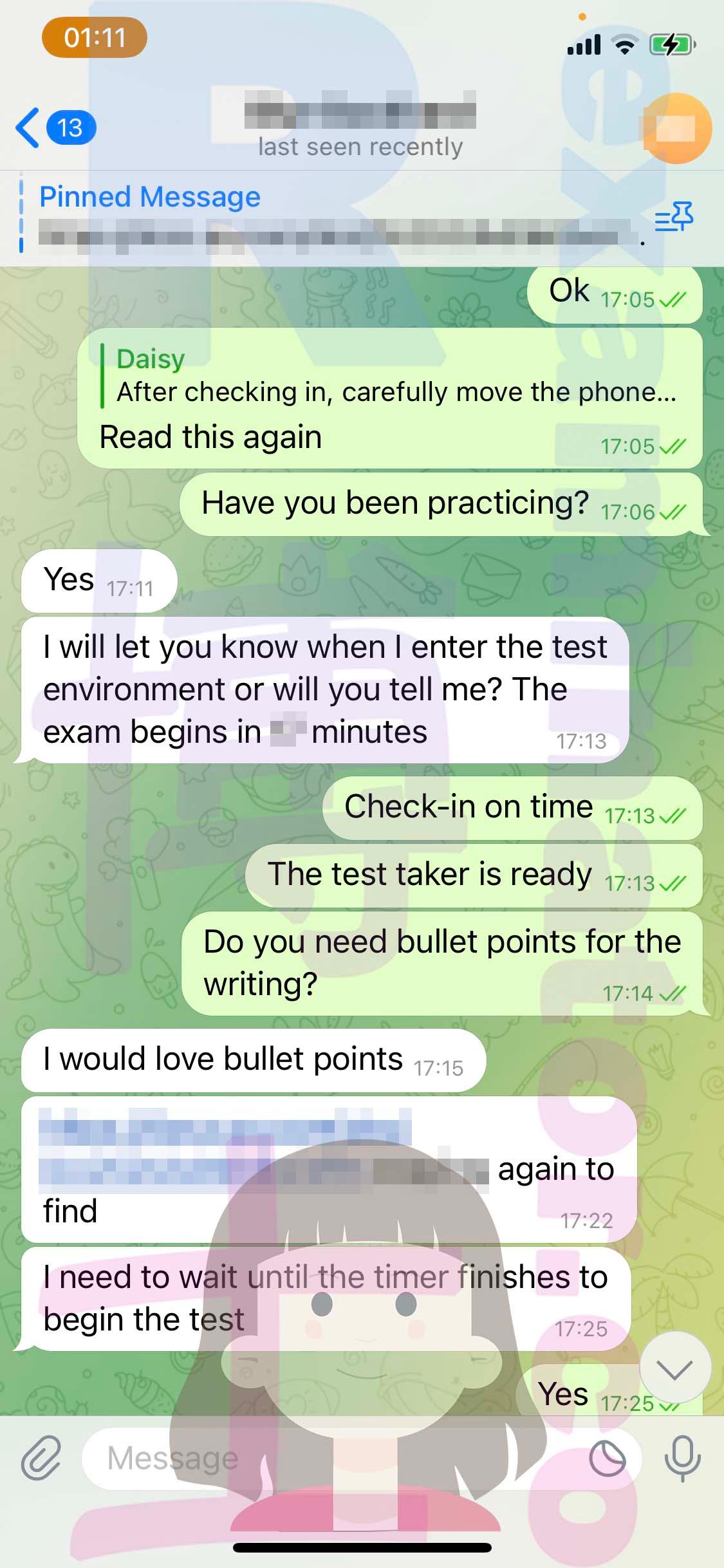 screenshot of chat logs for GRE Cheating success story #497