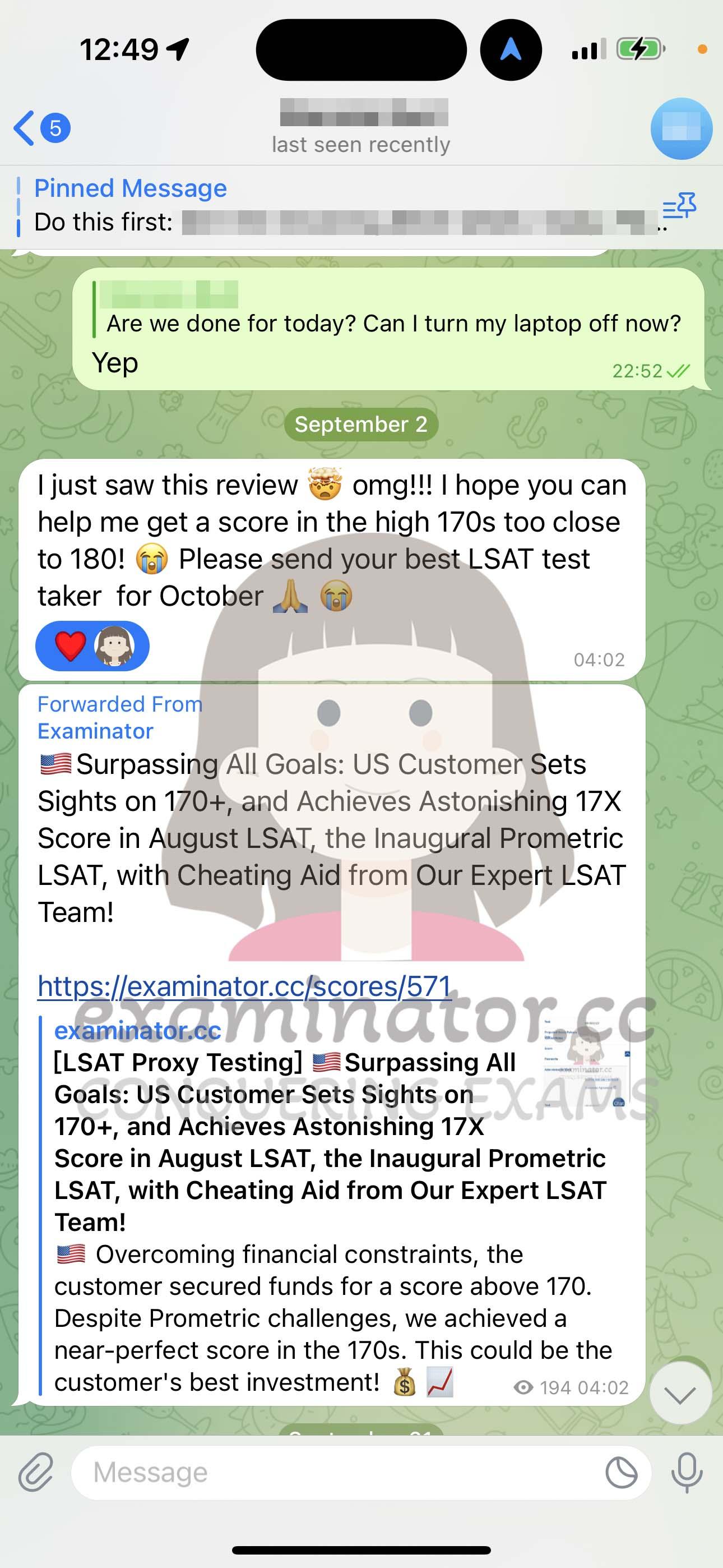 screenshot of chat logs for LSAT Proxy Testing success story #592