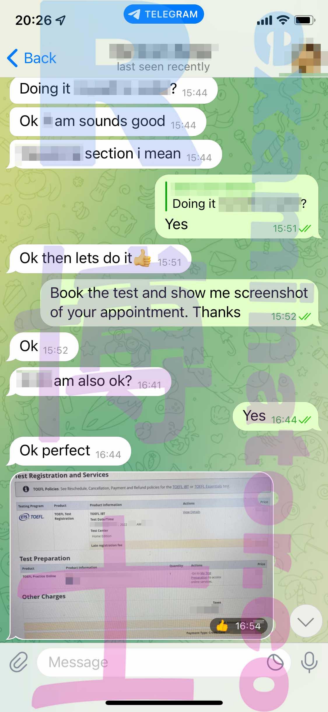 screenshot of chat logs for [TOEFL Proxy Testing] success story #240