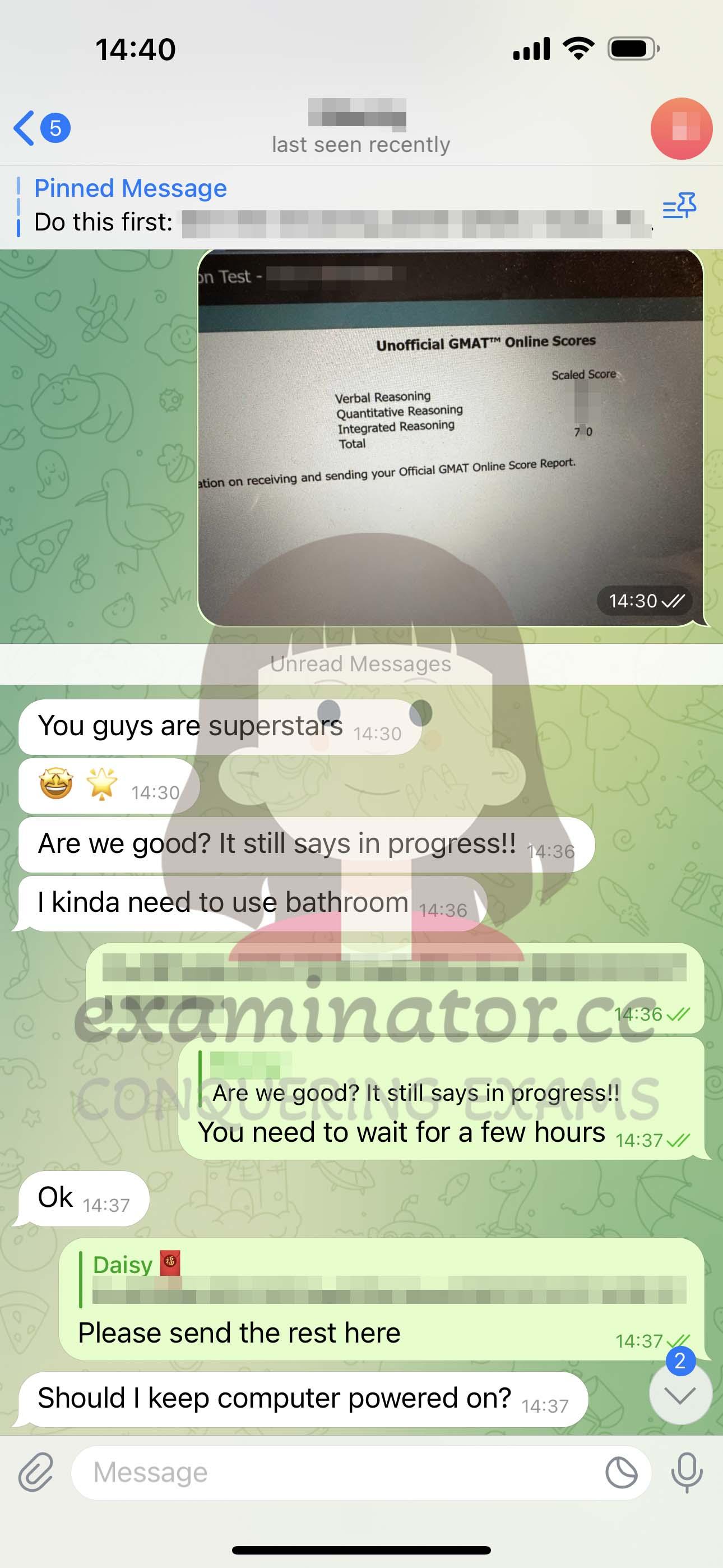 screenshot of chat logs for GMAT Proxy Testing success story #564