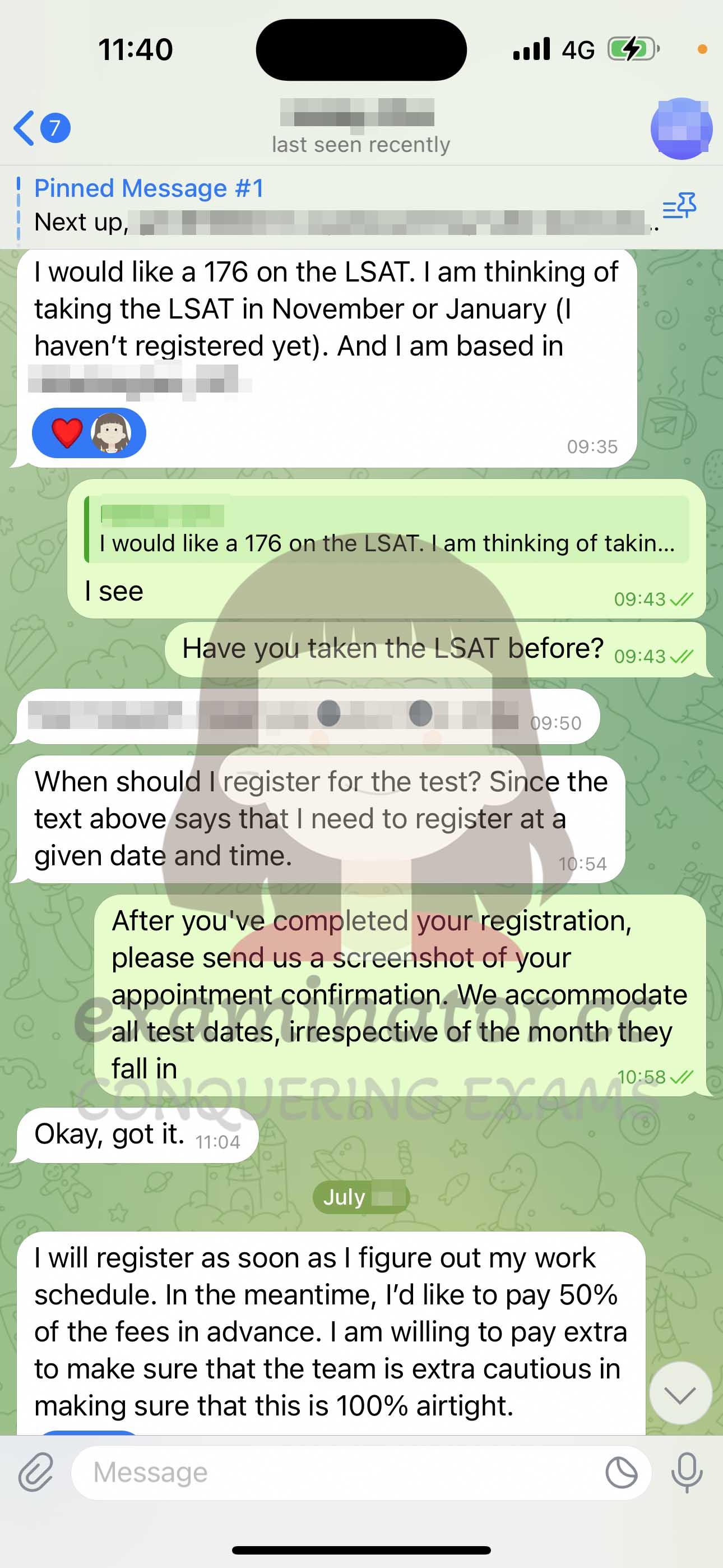 screenshot of chat logs for LSAT Cheating success story #598