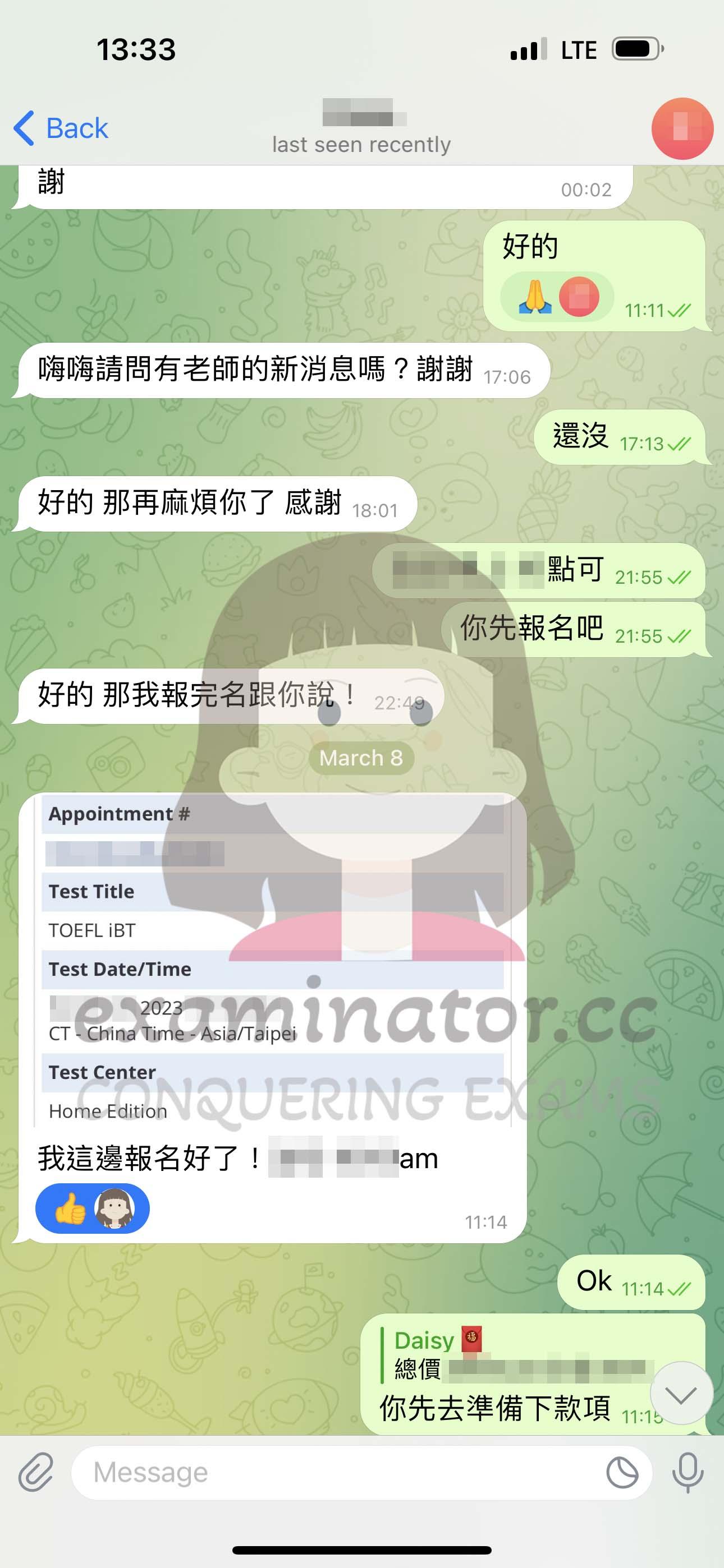 screenshot of chat logs for [TOEFL Proxy Testing] success story #360