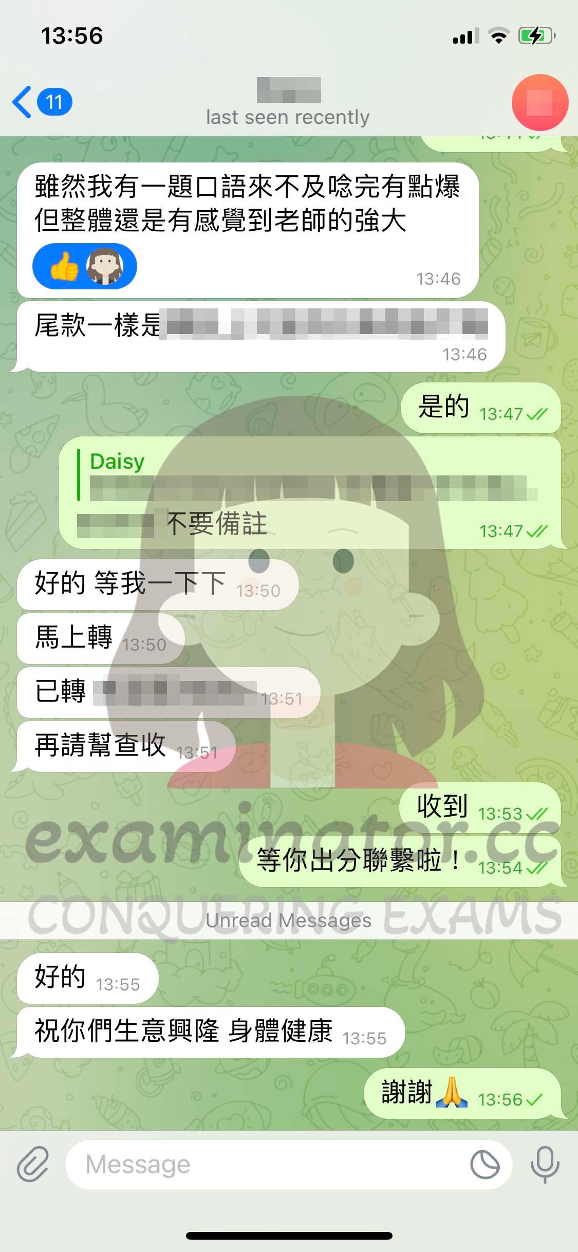 screenshot of chat logs for TOEFL Proxy Testing success story #590