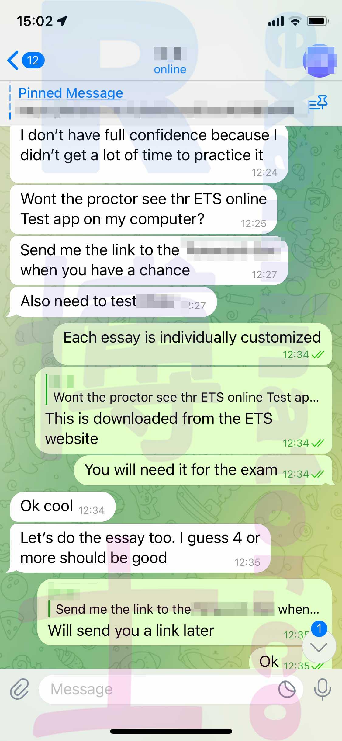 screenshot of chat logs for GRE Cheating success story #488