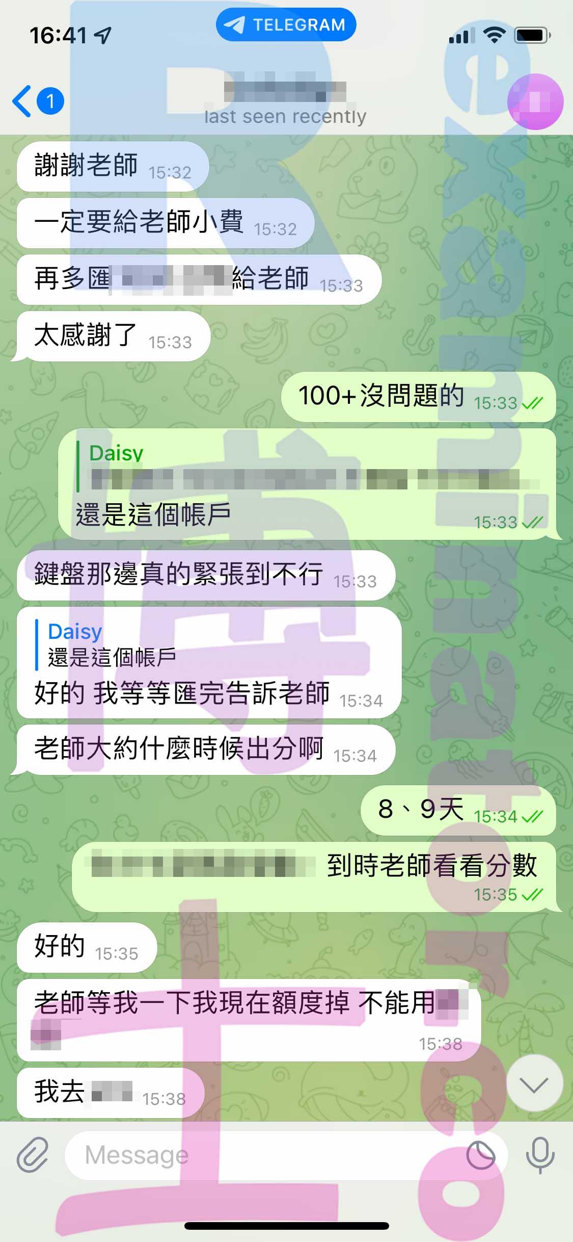 screenshot of chat logs for TOEFL Cheating success story #388