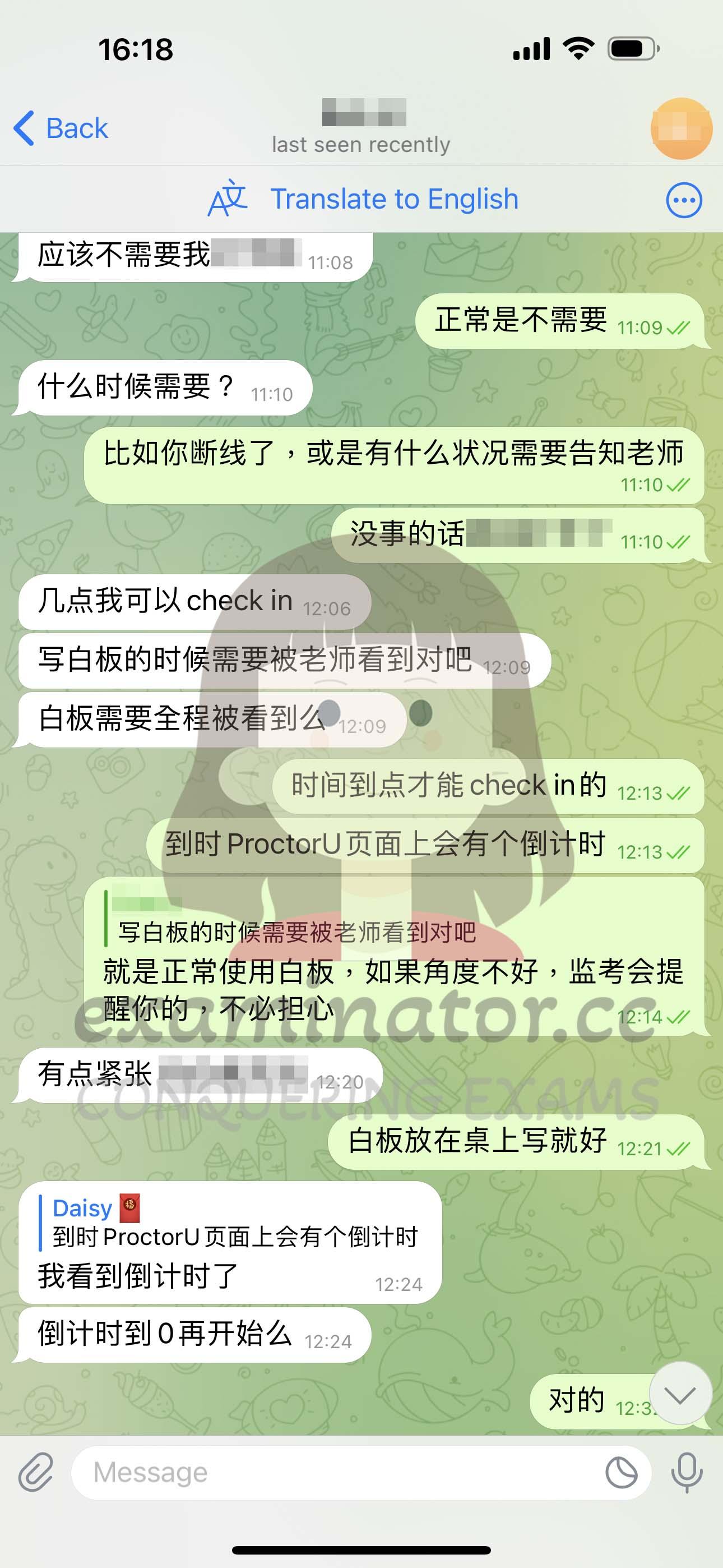 screenshot of chat logs for TOEFL Proxy Testing success story #584