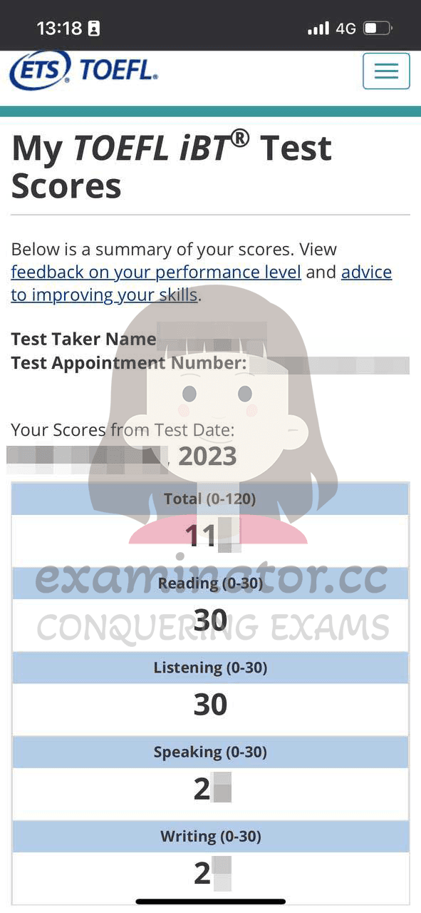 score image for TOEFL Cheating success story #602