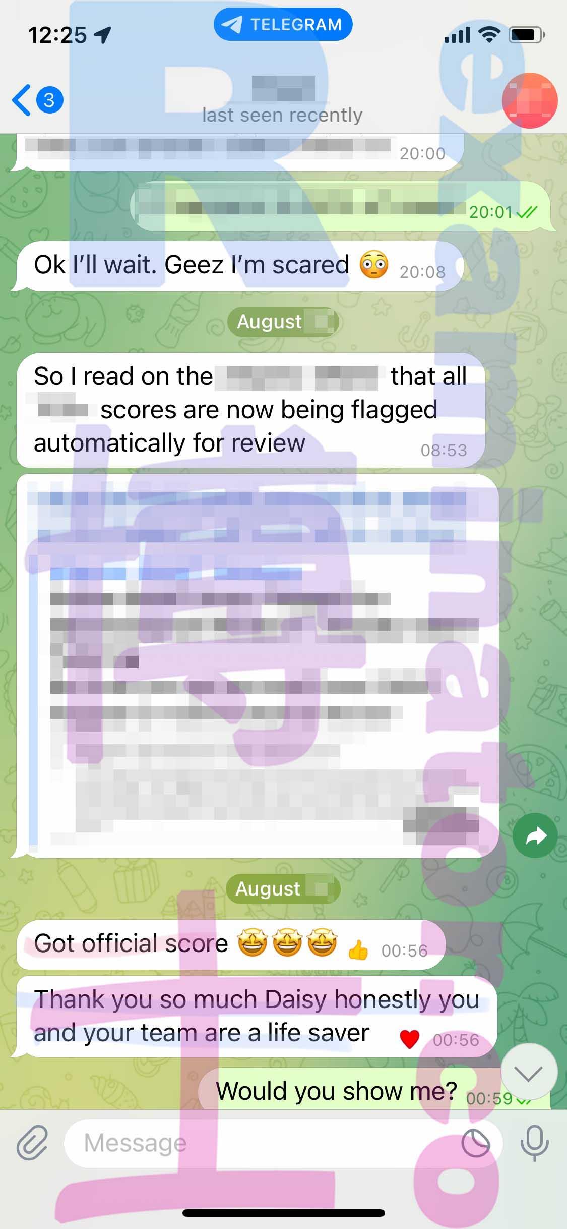 screenshot of chat logs for GMAT Cheating success story #371