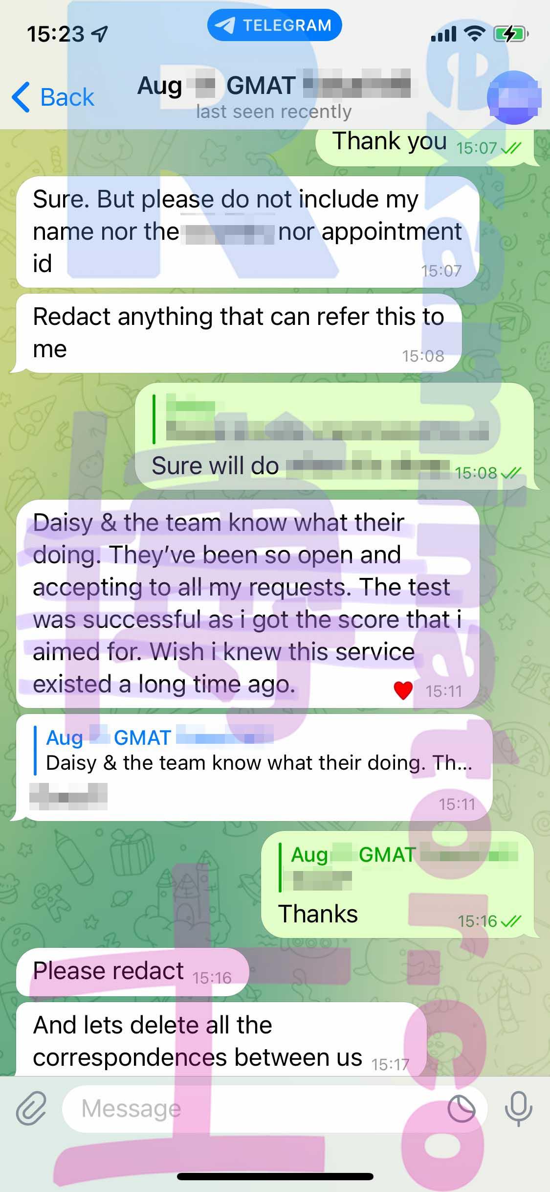 screenshot of chat logs for GMAT Proxy Testing success story #365