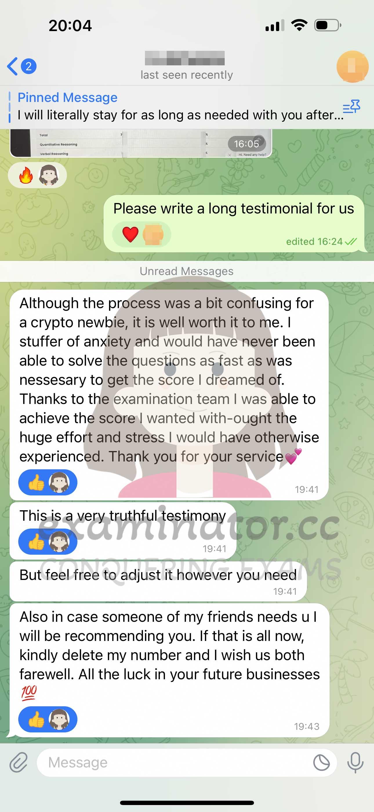 screenshot of chat logs for GMAT Cheating success story #596