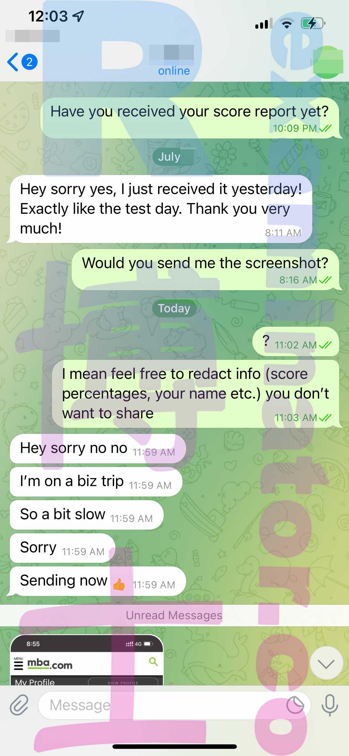 screenshot of chat logs for GMAT Cheating success story #351