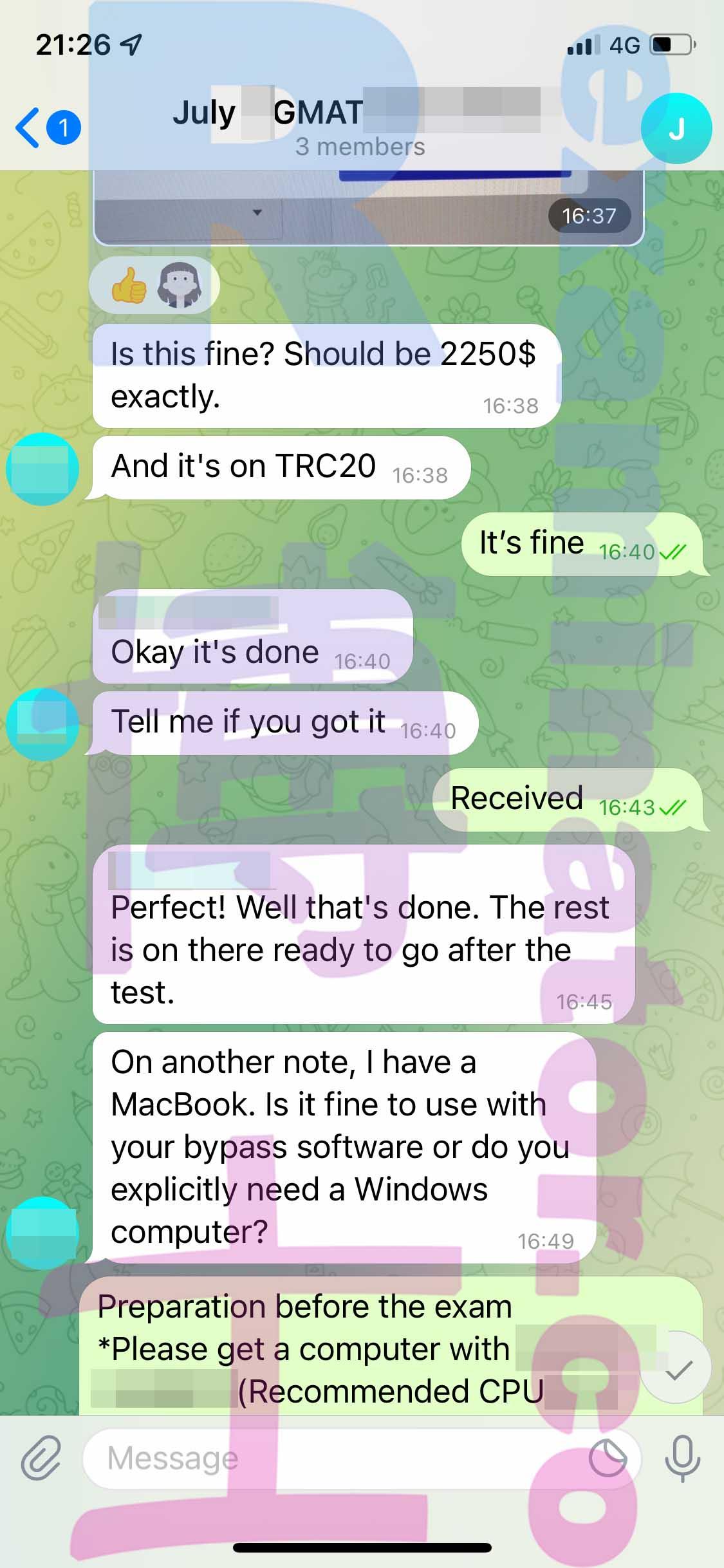 screenshot of chat logs for [GMAT Cheating] success story #206